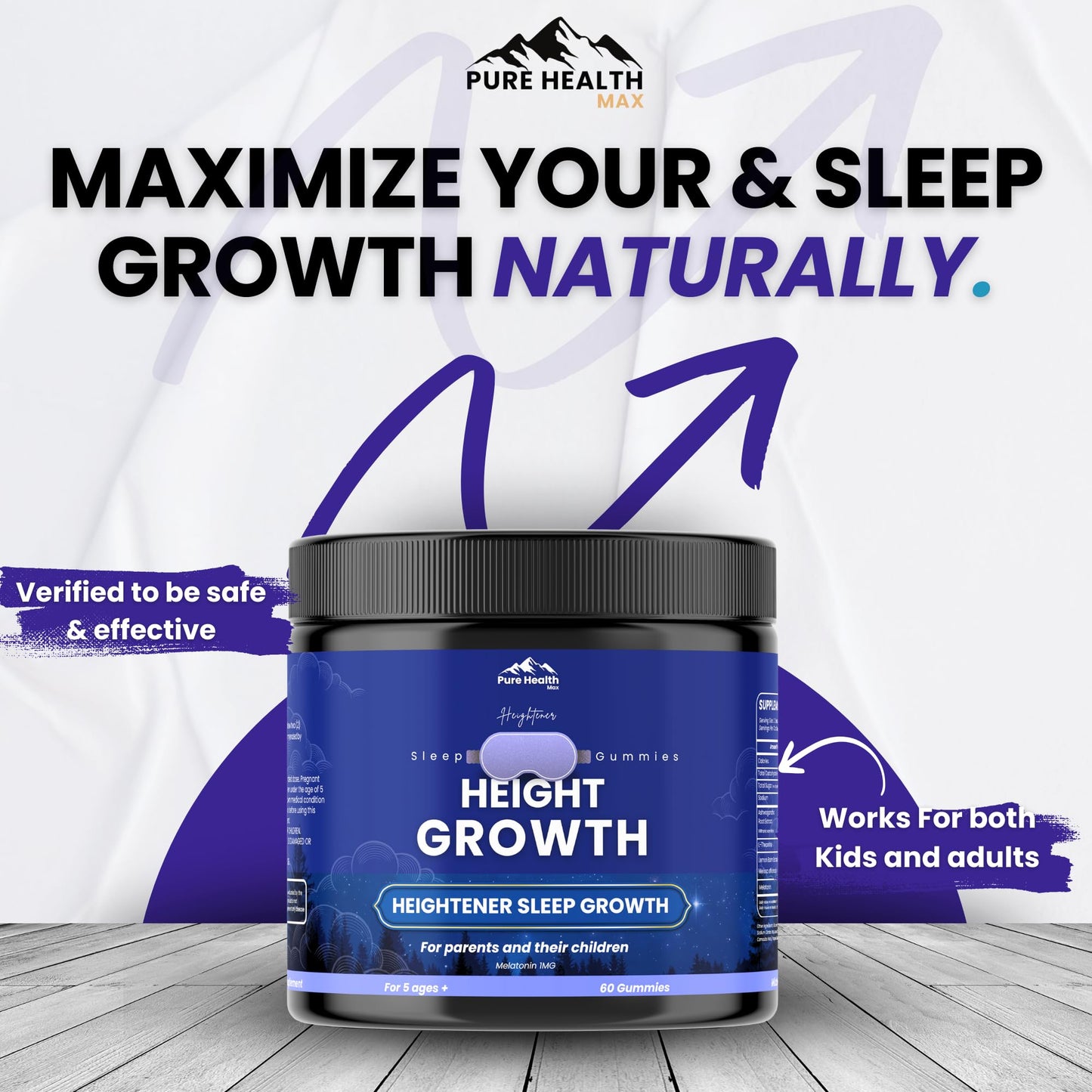 PURE HEALTH MAX Heightener Height Growth Sleep Gummies - Vitamins to Grow Taller for True Height Potential, Natural Height Booster Increase Supplement for Kids and Adults | Calcium & Melatonin Multivitamin, 60 Gummies