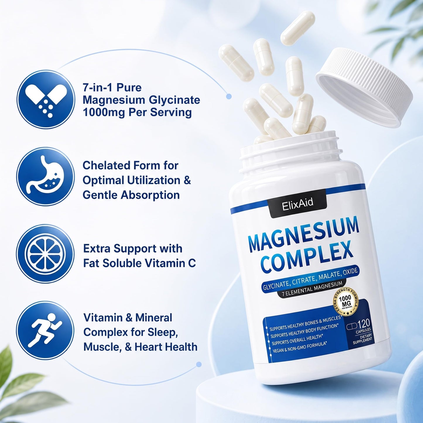 ElixAid Magnesium Complex 1000mg 7-in-1 (Glycinate, Citrate & Malate) Capsule, 120 Count