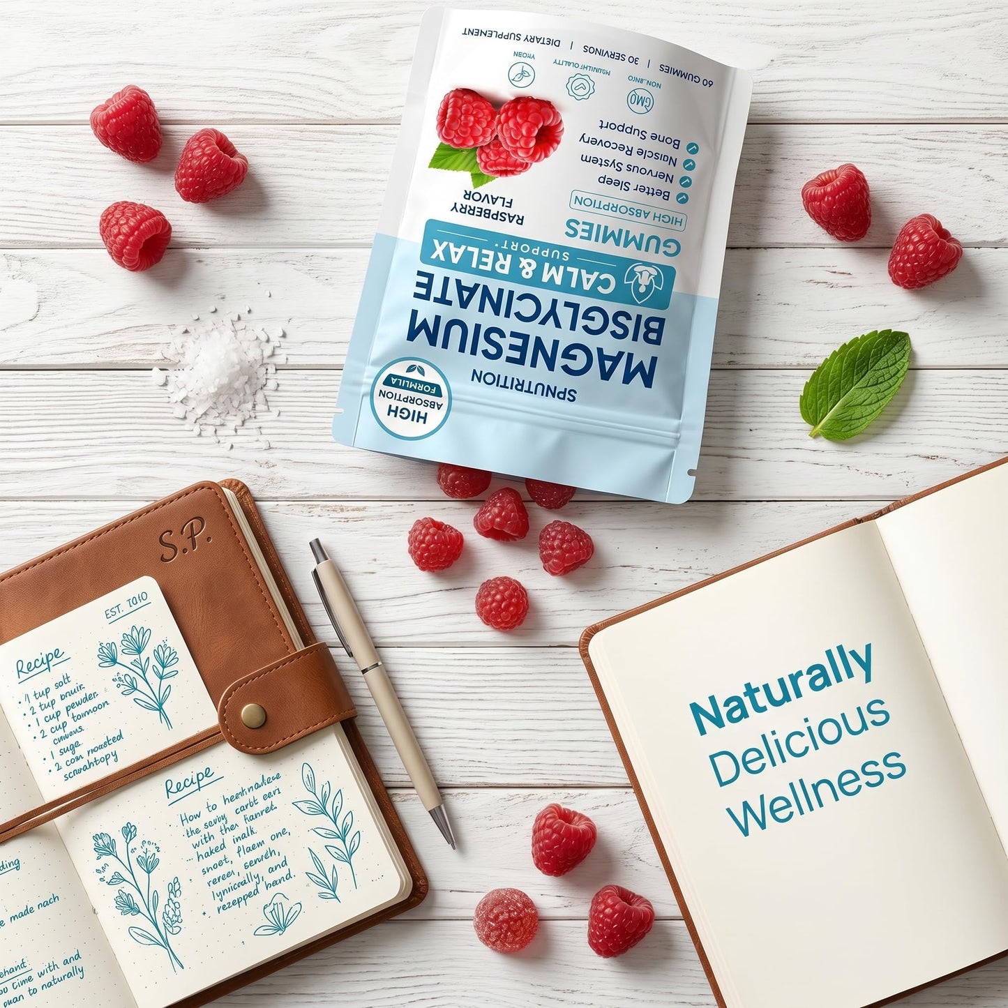 SPNUTRITION Magnesium Bisglycinate Gummies, 400mg Magnesium Bisglycinate Chelate with Sea Salt & Raspberry Powder, Vegan, 60 Gummies