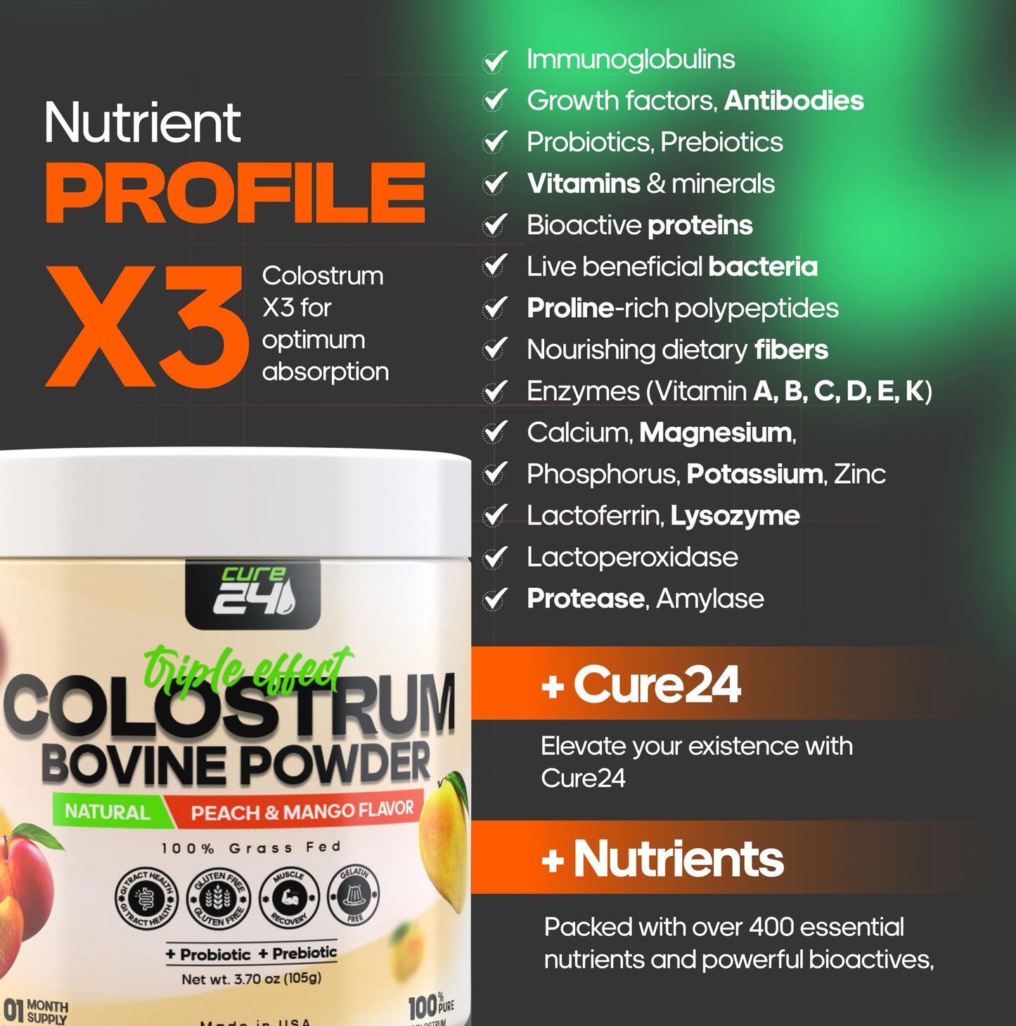 Cure24 Bovine Colostrum X3 Supplement Powder 3.17 oz