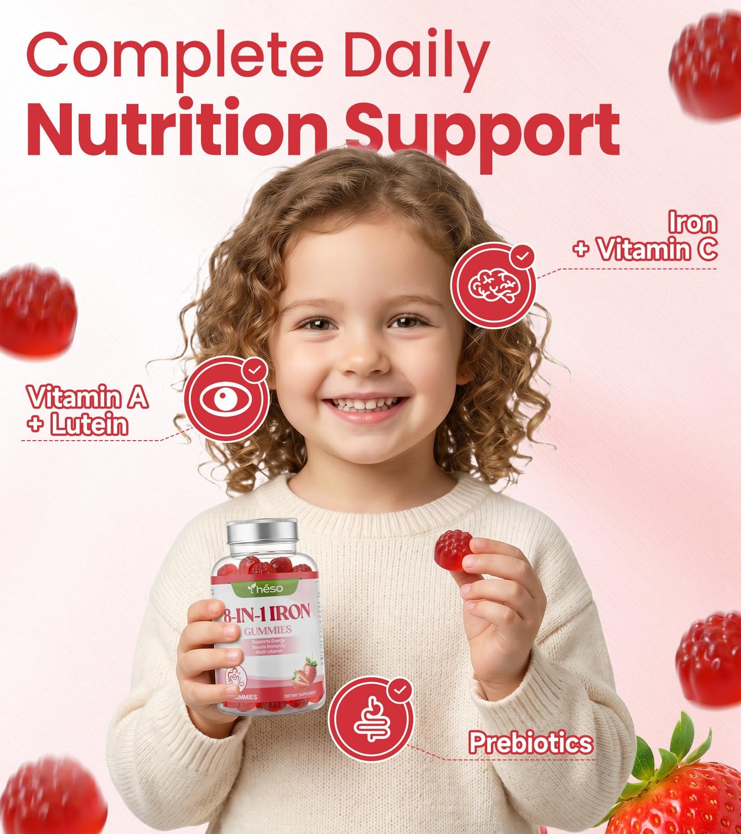 Yheso Kids Iron Capsules 20 mg with Vitamin A, C, B6 & Lutein – Sugar Free Children’s Multivitamin for Daily Nutrition – Strawberry Flavor, 120 Capsules