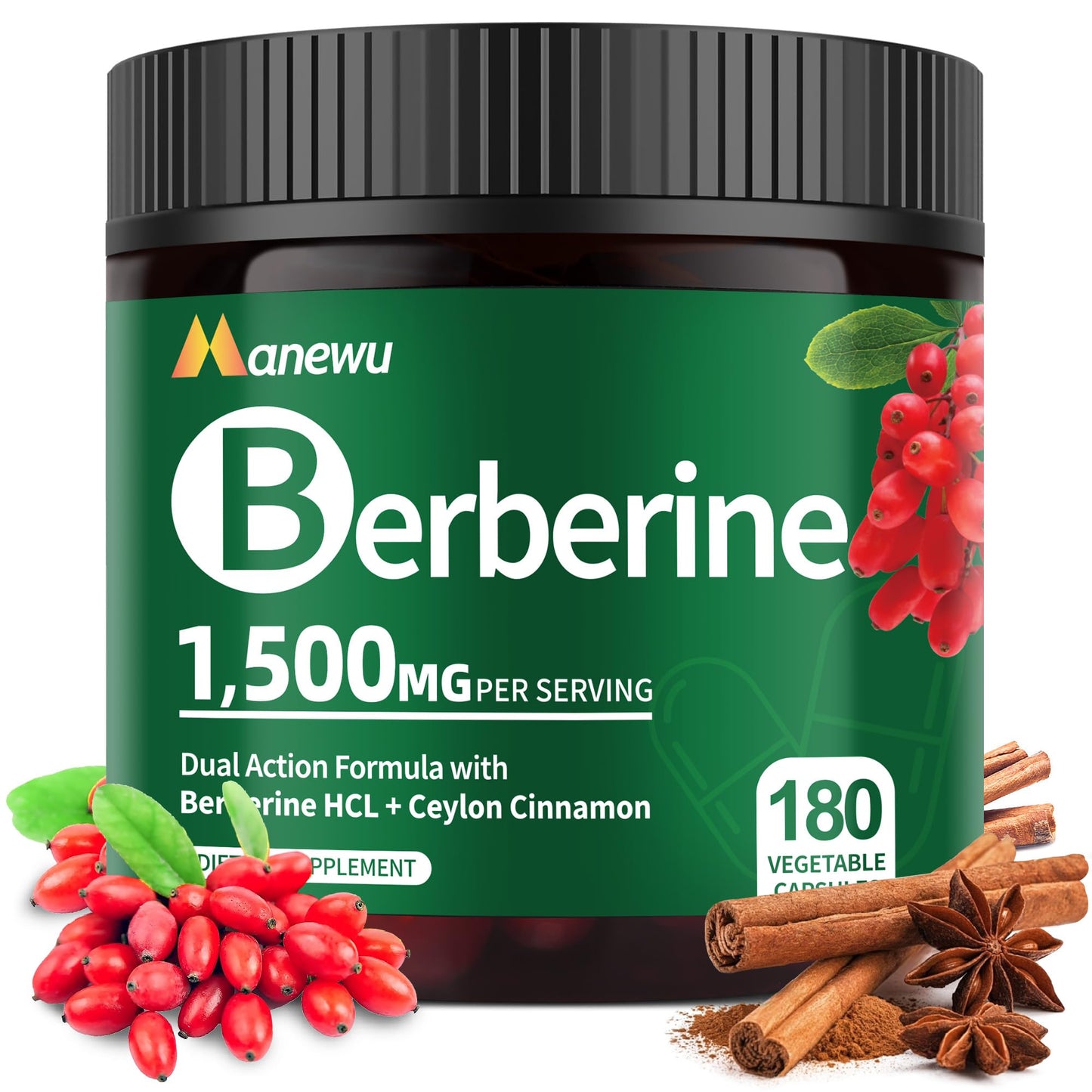 Manewu Berberine HCL 1500mg Complex Berberine Supplement with Ceylon Cinnamon & Citrus Bergamot Capsule, 180 Count