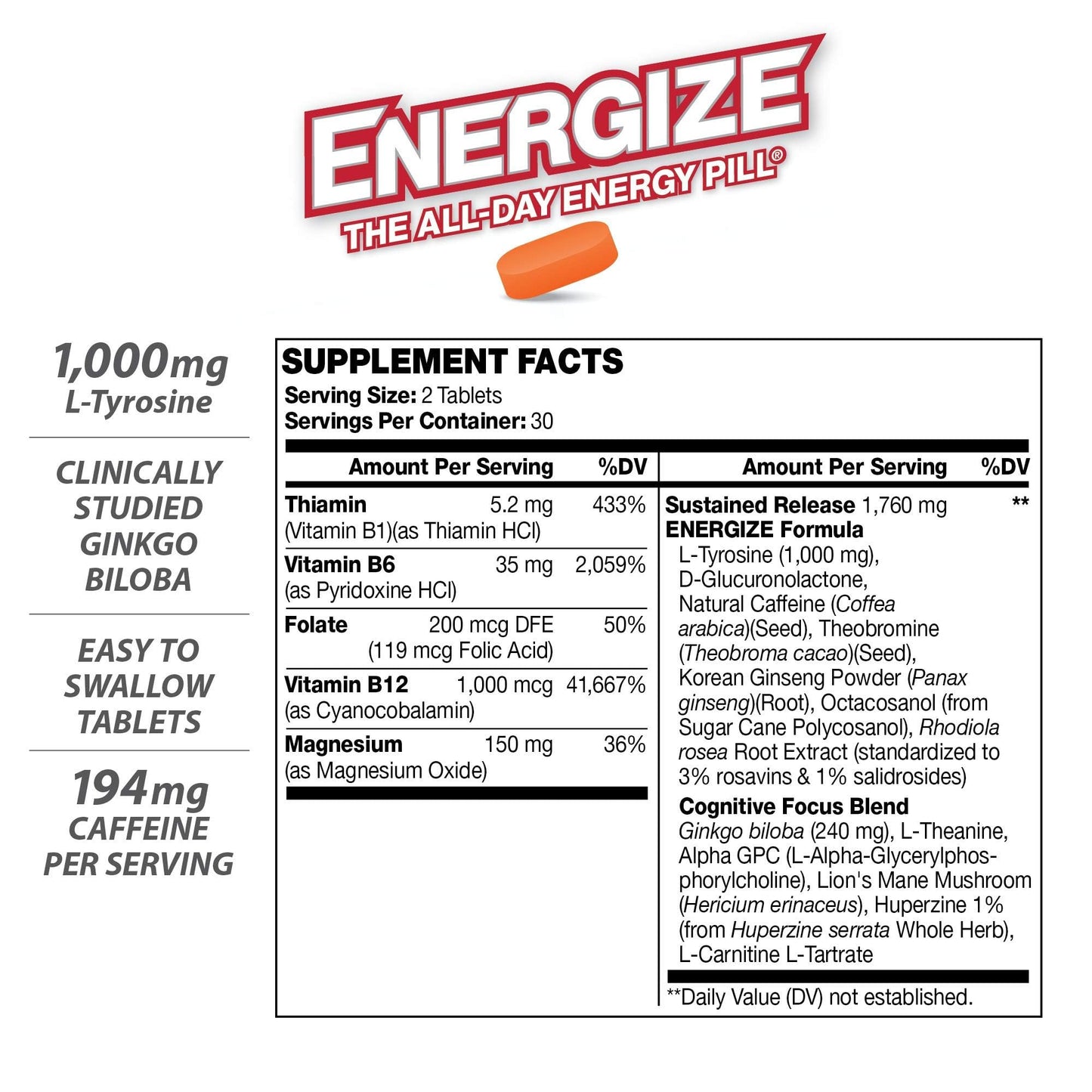 iSatori Energize Extra Strength & Brain Focus Caffeine Tablets, 120
