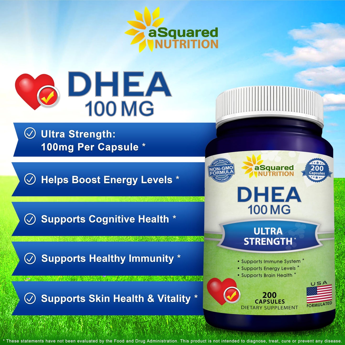 aSquared Nutrition DHEA 100mg Supplement Capsules, 200 Count