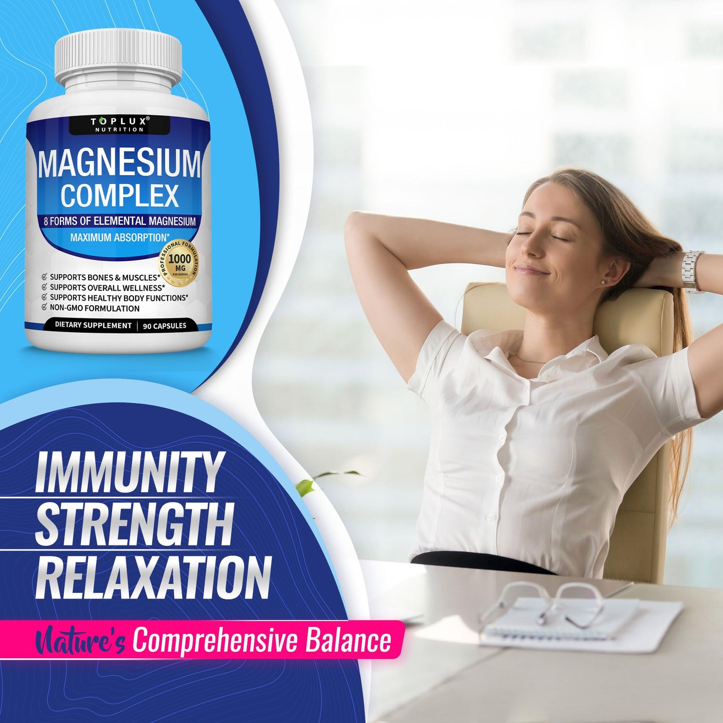 Toplux Magnesium Complex Supplement 8 Elemental 1000mg Capsule, 90 Capsules