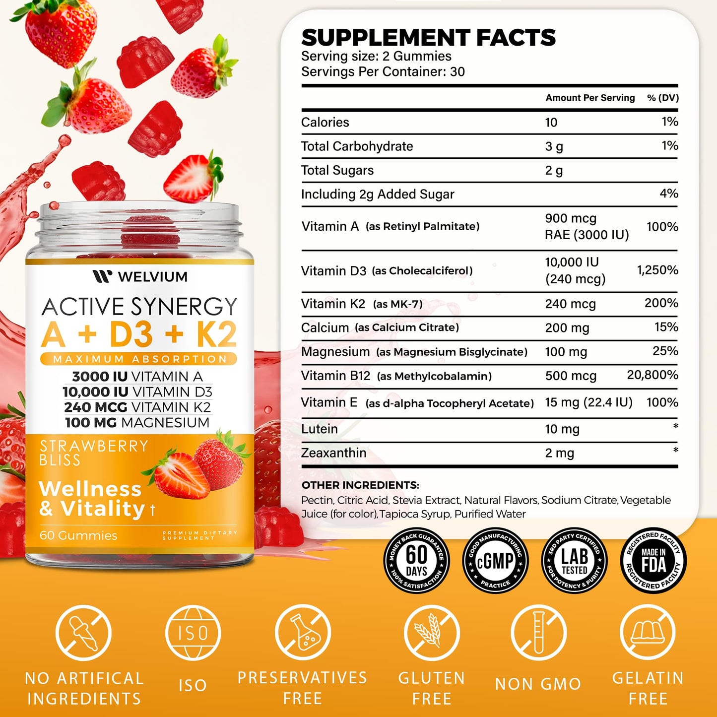 WELVIUM Vitamin D3 K2 Gummies, 60 Count