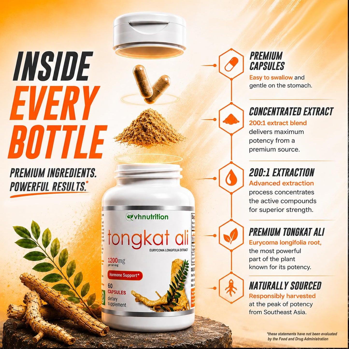 VH Nutrition Tongkat Ali Extra Strength Hormone Support for Men 200:1 Blend Standardized Eurycoma Longifolia (LongJack) Extract Powder, 60 Capsules