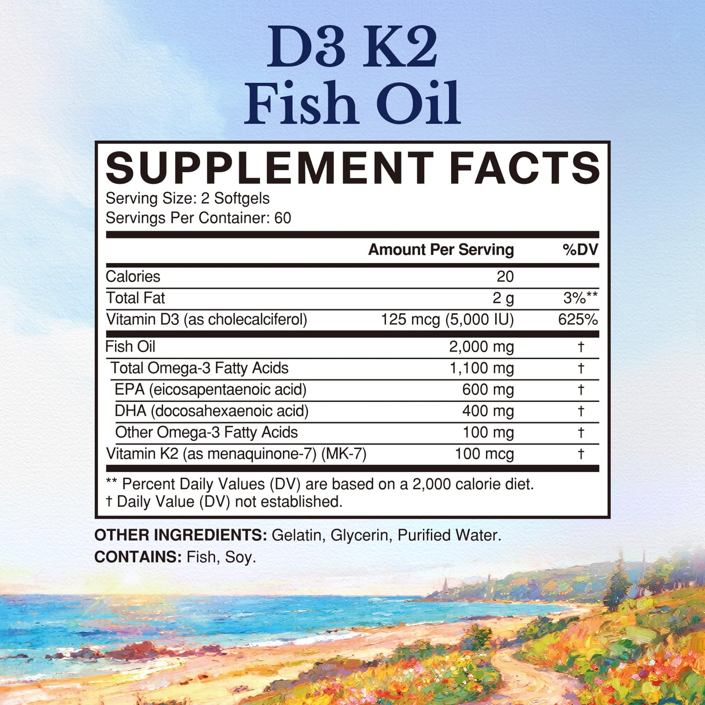 Vitalitown Vitamin D3 K2 with Fish Oil Omega-3 Softgels 120 Softgels