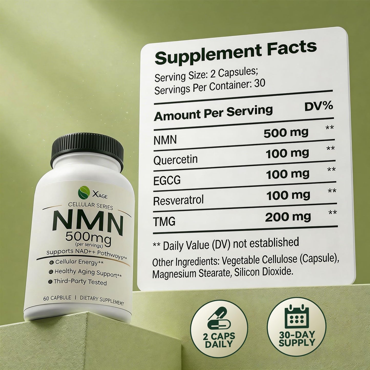 XAGE NMN Supplement 500mg with Quercetin EGCG Resveratrol &TMG Capsule, 60 Count
