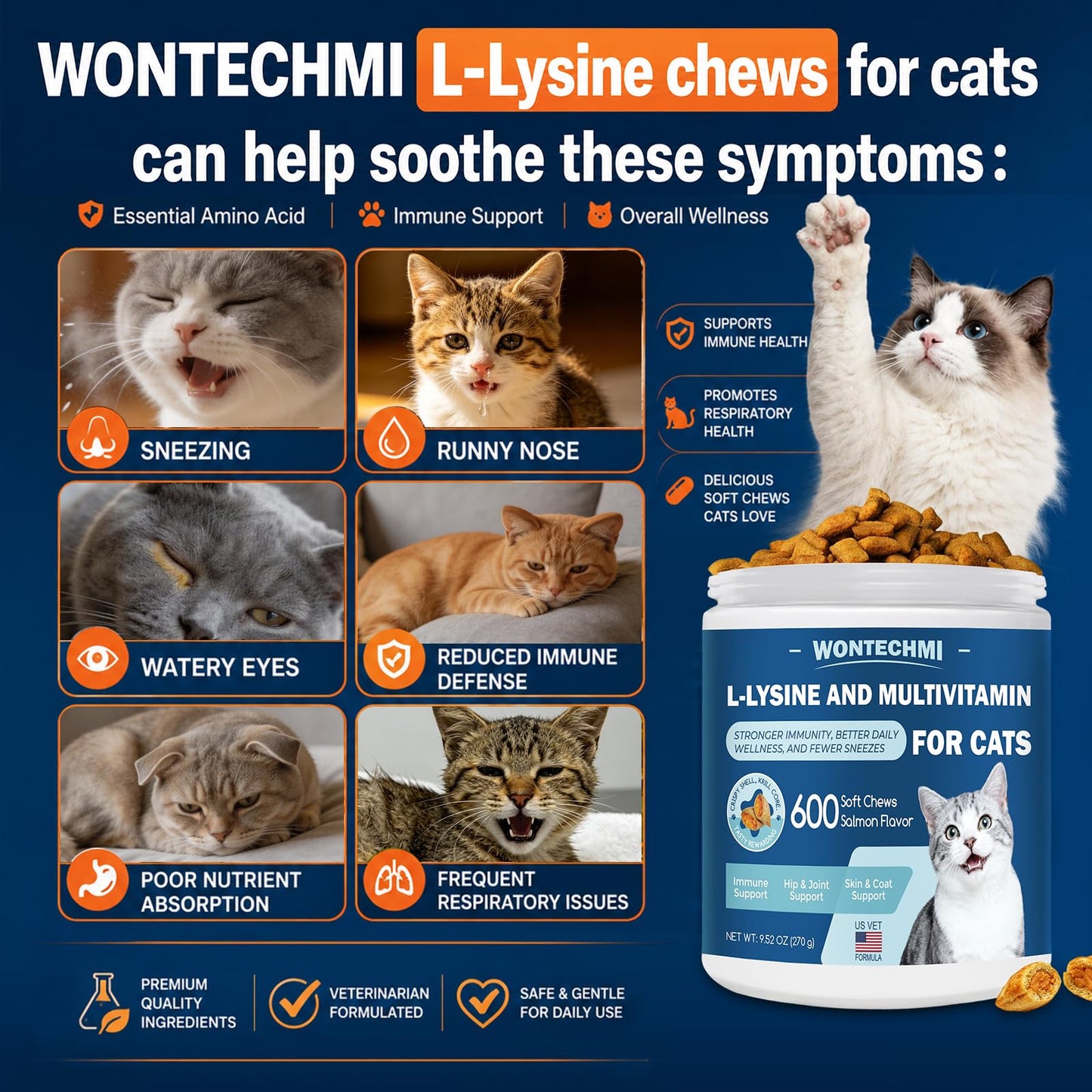 WONTECHMI L-Lysine Chews for Cats, 600 Chews