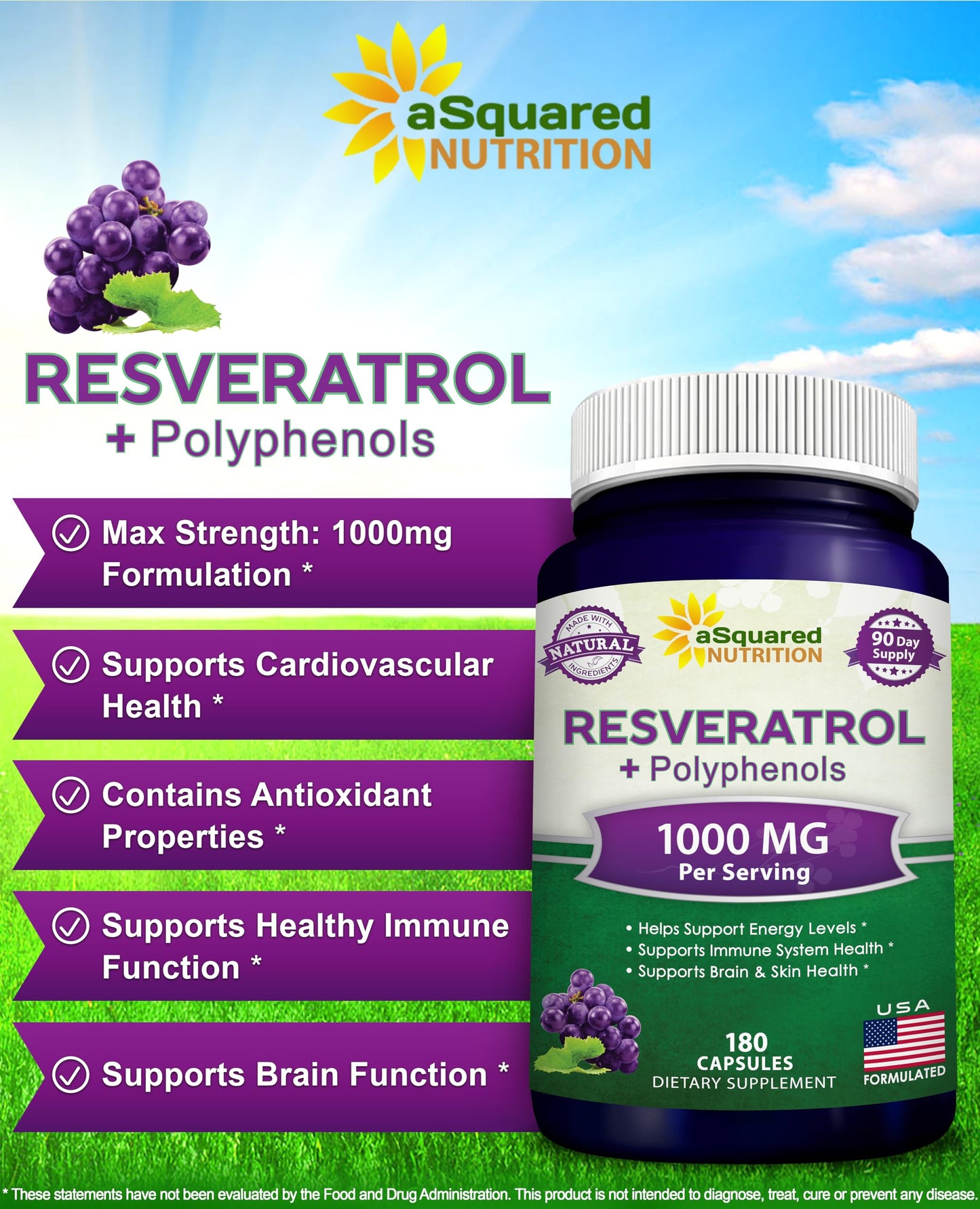 aSquared Nutrition Natural Resveratrol with Red Wine Extract Trans-Resveratrol Antioxidant Supplement Capsules, 180 Count