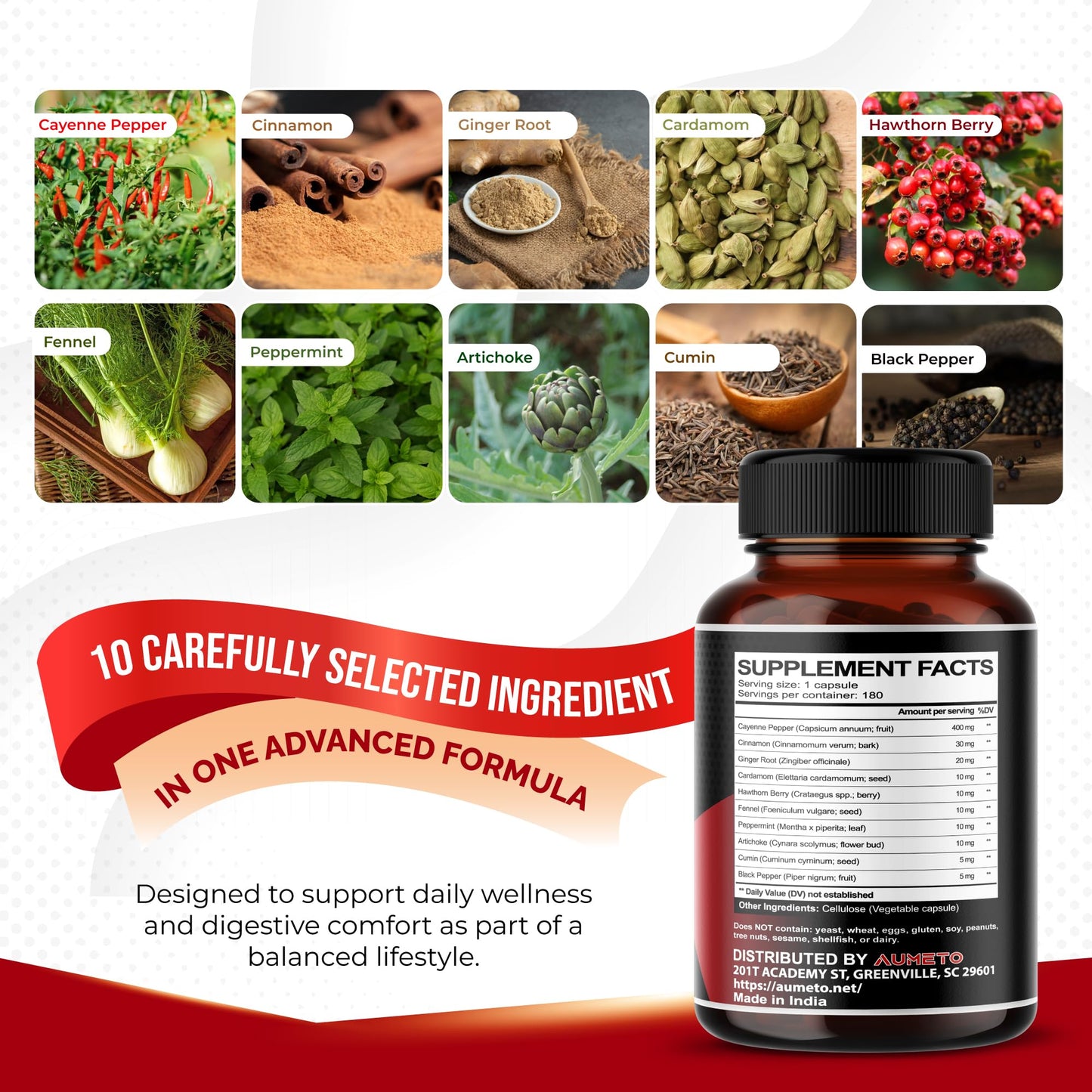 AUMETO Cayenne Pepper Capsules, 180 Capsules