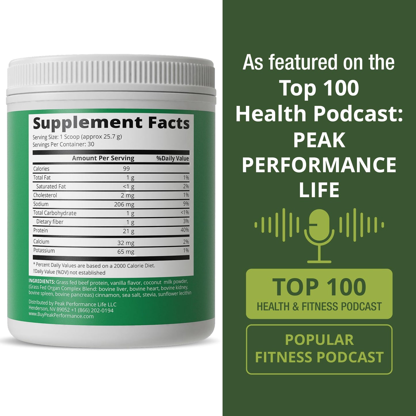 Peak Performance Grass Fed Beef Protein Powder + Organ Complex, Vanilla Flavor, 1.7 lb