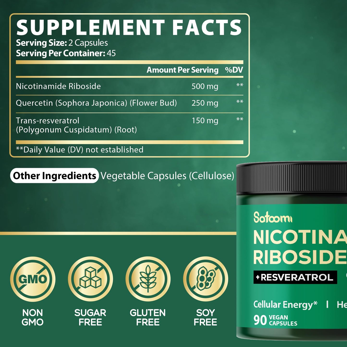 Satoomi NAD Supplement with Liposomal Nicotinamide Riboside 900 mg NR, Resveratrol, Quercetin Capsules, 90 Count