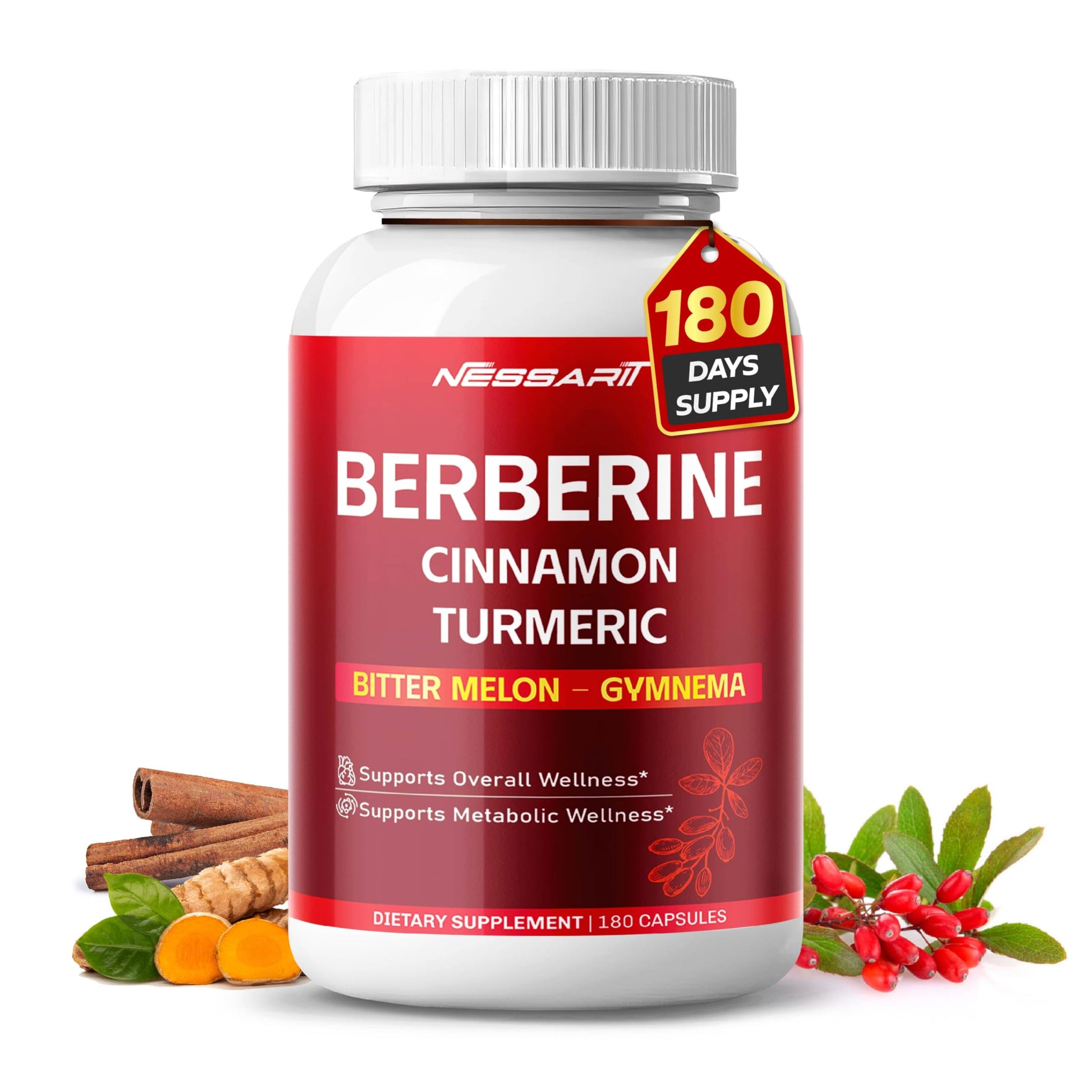 NESSARIT Berberine, Cinnamon, Turmeric, Bitter Melon & Gymnema Heart & Metabolic Health Capsules, 180 Count