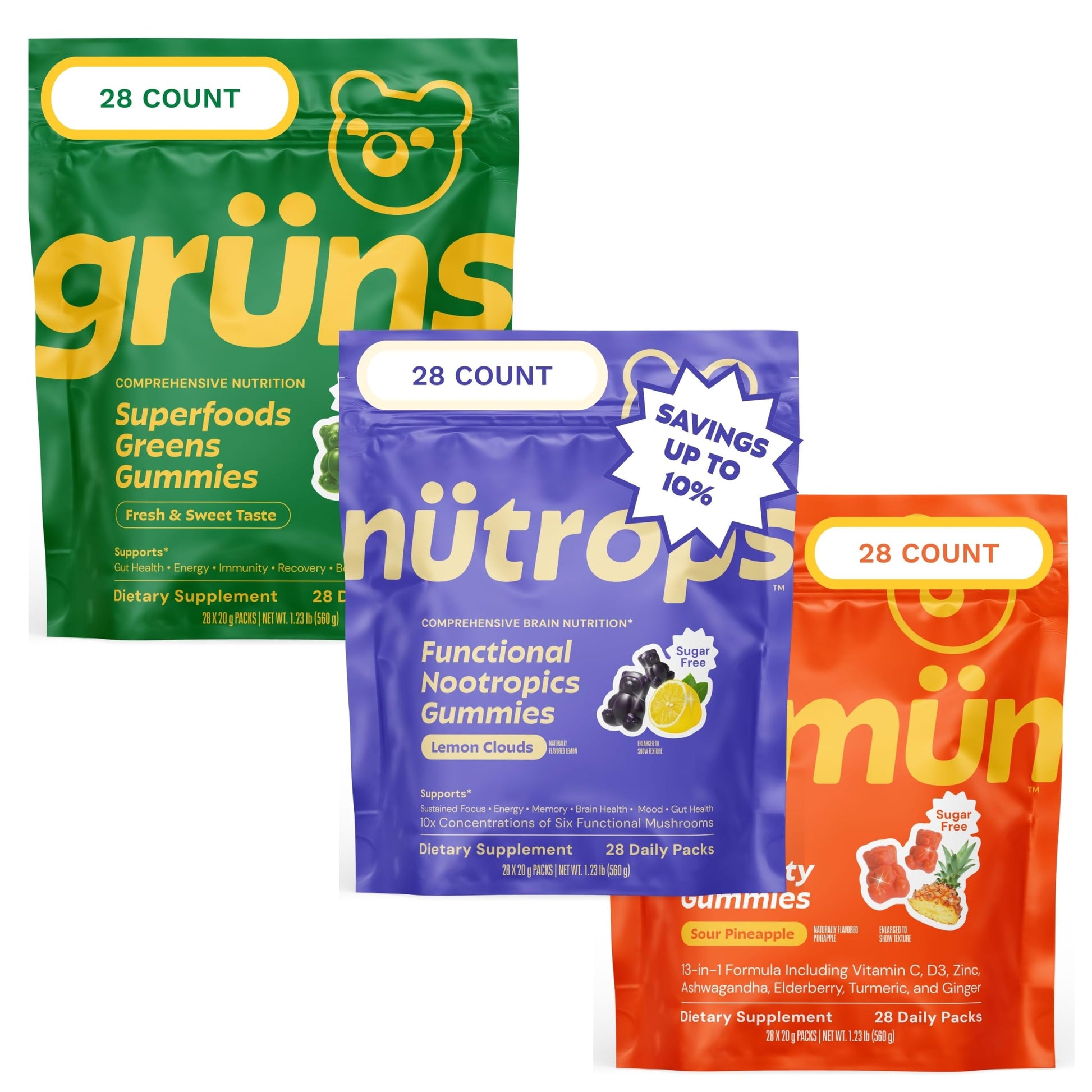 Grüns Greens + Immunity Gummies + Nütrops Mushroom Sugar Free, 3x28 Gummies