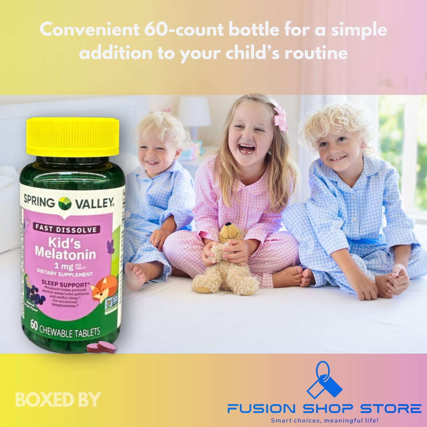 FUSION SHOP STORE Melatonin 1 mg Kids Grape Flavor Chewable Tablets, 60 Tablets