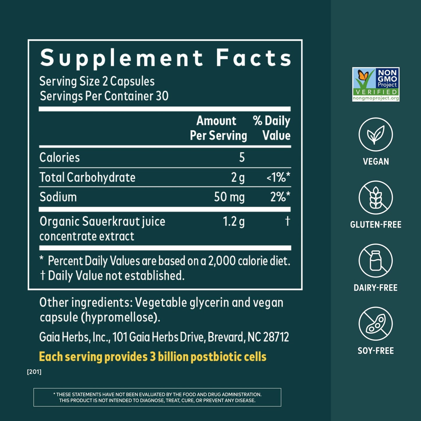 Gaia Herbs Sauerkraut Postbiotic Gut Health & Immune Support Capsule, 60 Count