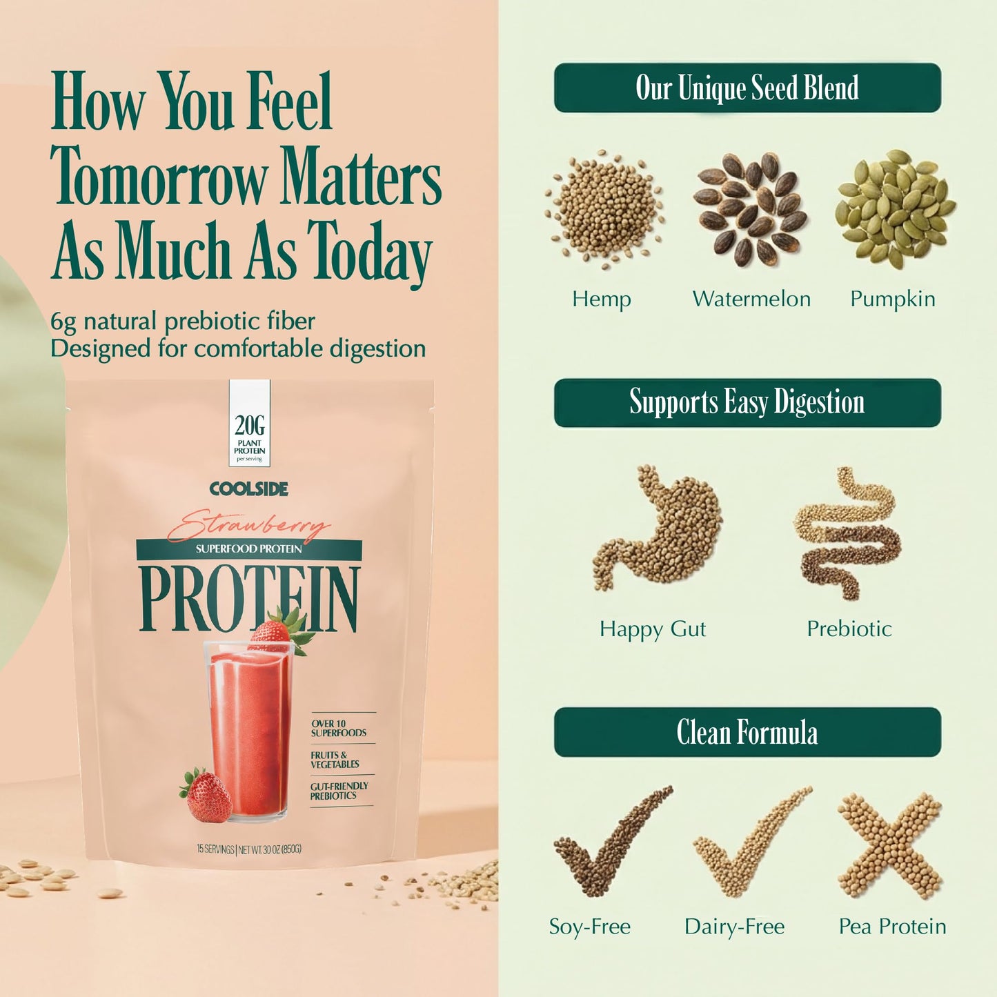 Coolside Clean Plant-Based Protein Powder, Probiotic, Strawberry, 30 Servings