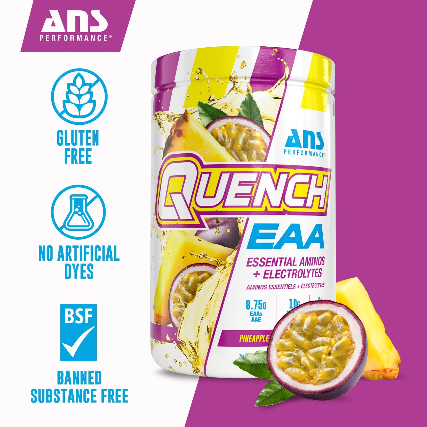 ANS Performance Quench EAA Aminos + Electrolytes Powder 14.6 Ounce Pineapple Passionfruit