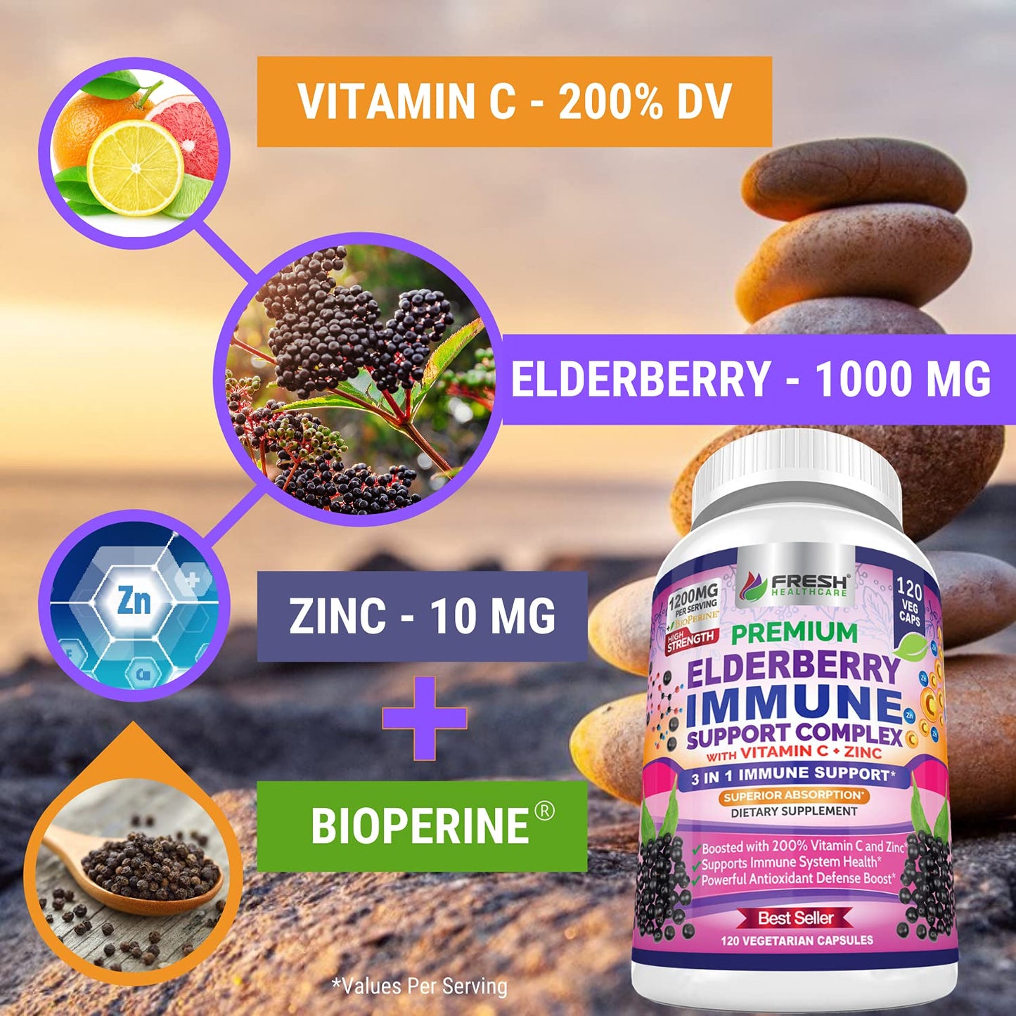 FRESH HEALTHCARE Elderberry Capsules High Potency Black Elderberry with Zinc & Vitamin C, 120 Capsules