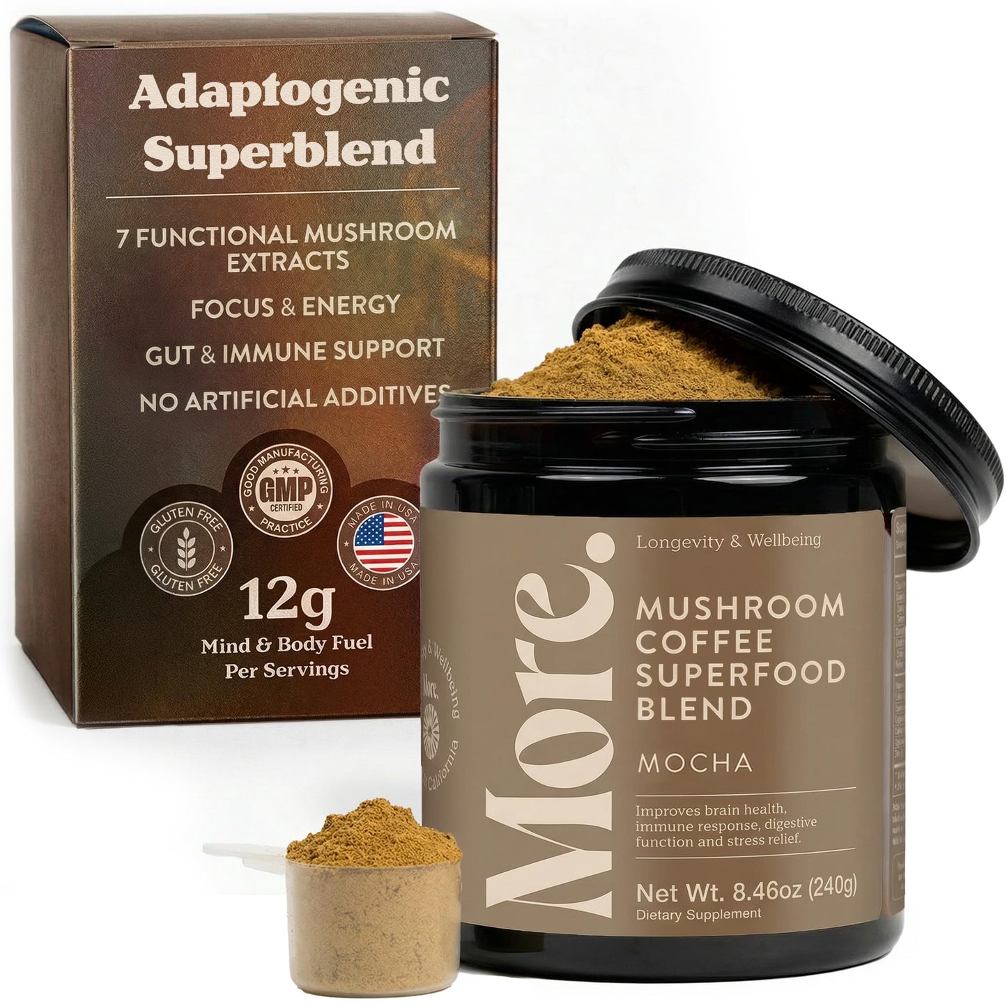 More. Longevity & Wellbeing Premium Mushroom Coffee Superfood - 7 Functional Mushroom Extracts with Lion’s Mane, Reishi, Chaga & Ashwagandha, Instant Coffee Alternative for Focus & Energy, Mocha Powder 8.46 Ounce
