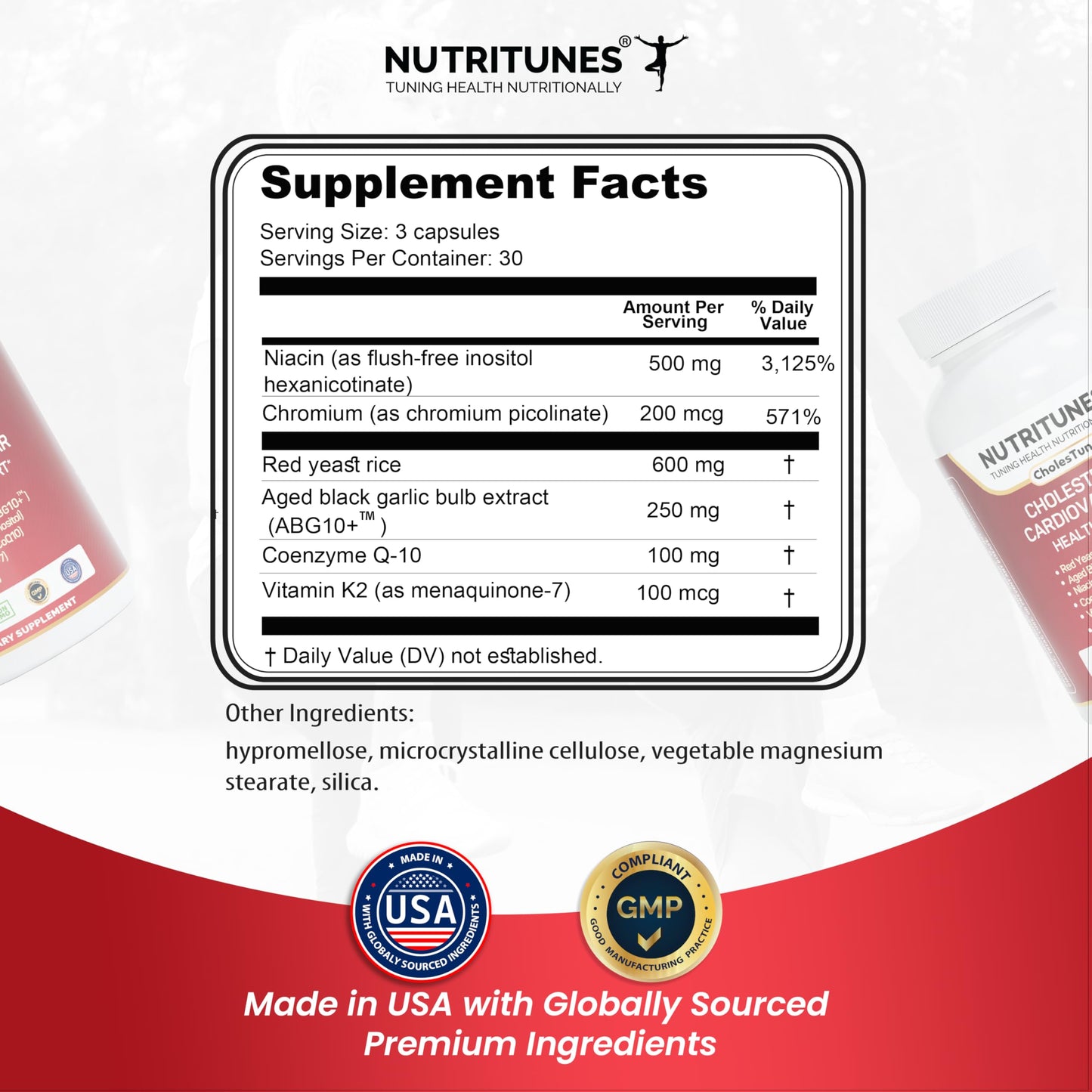 Nutritunes Cholesterol Support Supplement Red Yeast Rice, Aged Black Garlic & CoQ10 – Advanced Cardiovascular & Heart Health Support with Niacin, Chromium & Vitamin K2, 90 Capsules