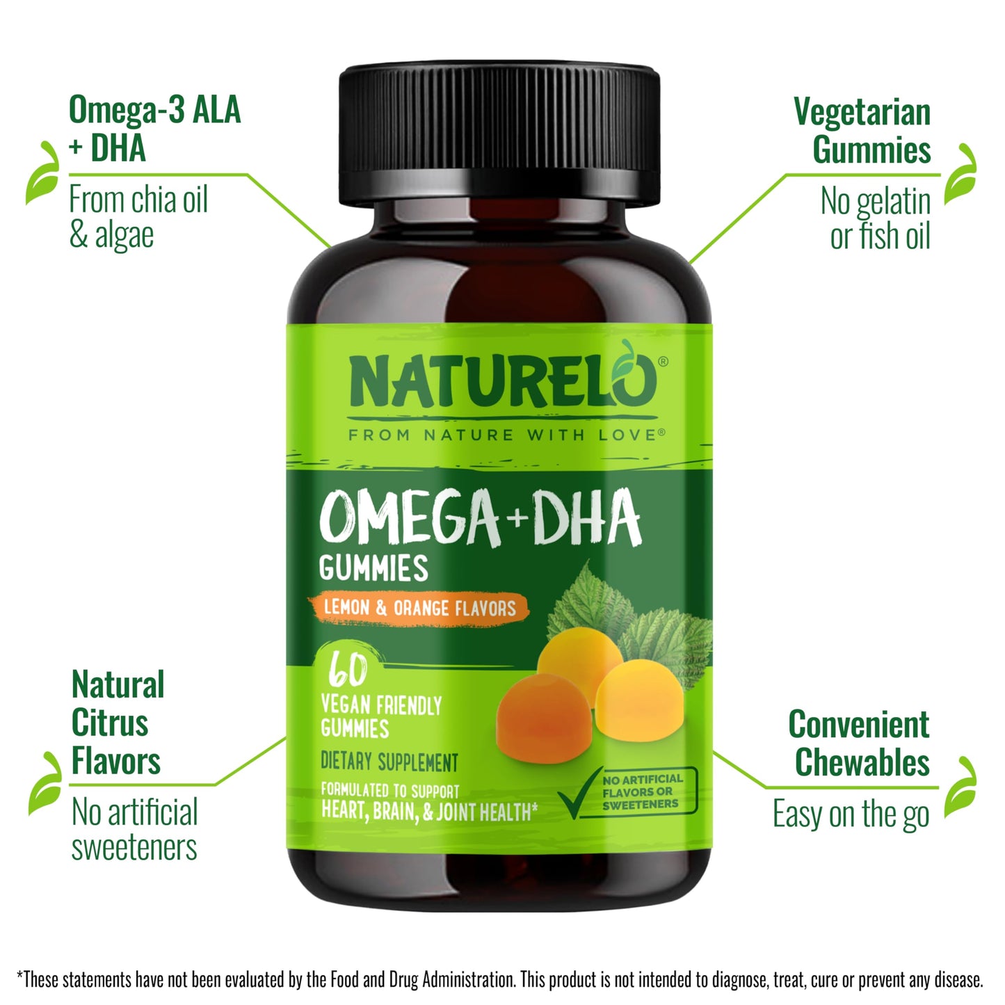 NATURELO Vegetarian DHA and Omega 3 Supplement from Algae and Chia Seed Oil Gummies, 60 Gummies