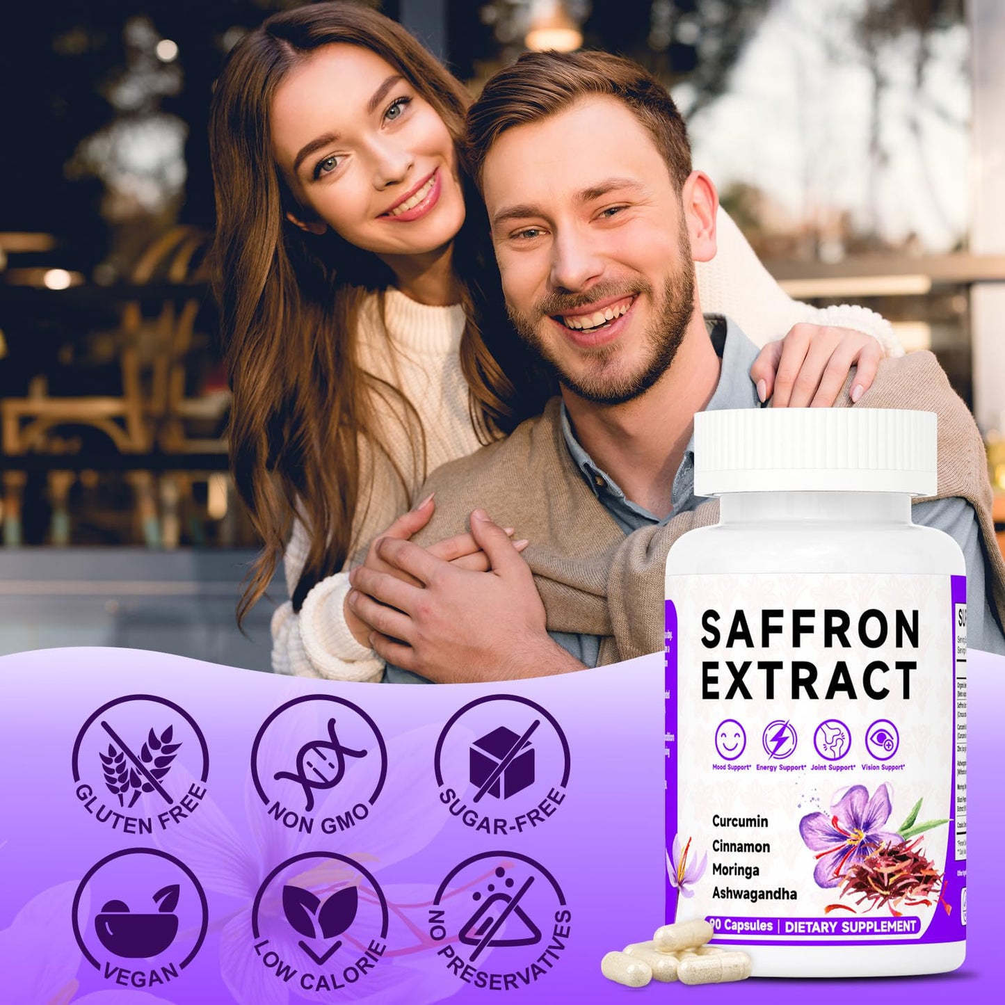 Mosslly Happy Saffron Supplements 100mg Saffron Extract, Saffron Blend with Turmeric & Ashwagandha Supports Mood, Focus, and Energy Boost, 90 Capsules