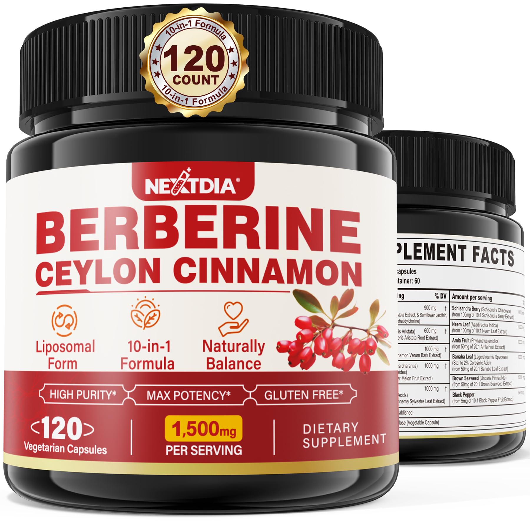 Nextdia Berberine Supplement Organic 1500mg with Ceylon Cinnamon Bitter Melon, Liposomal Berberine HCL Complex Supplements, Immune & Digestive Support - Non-GMO, Organic, Vegan, 120 Capsules
