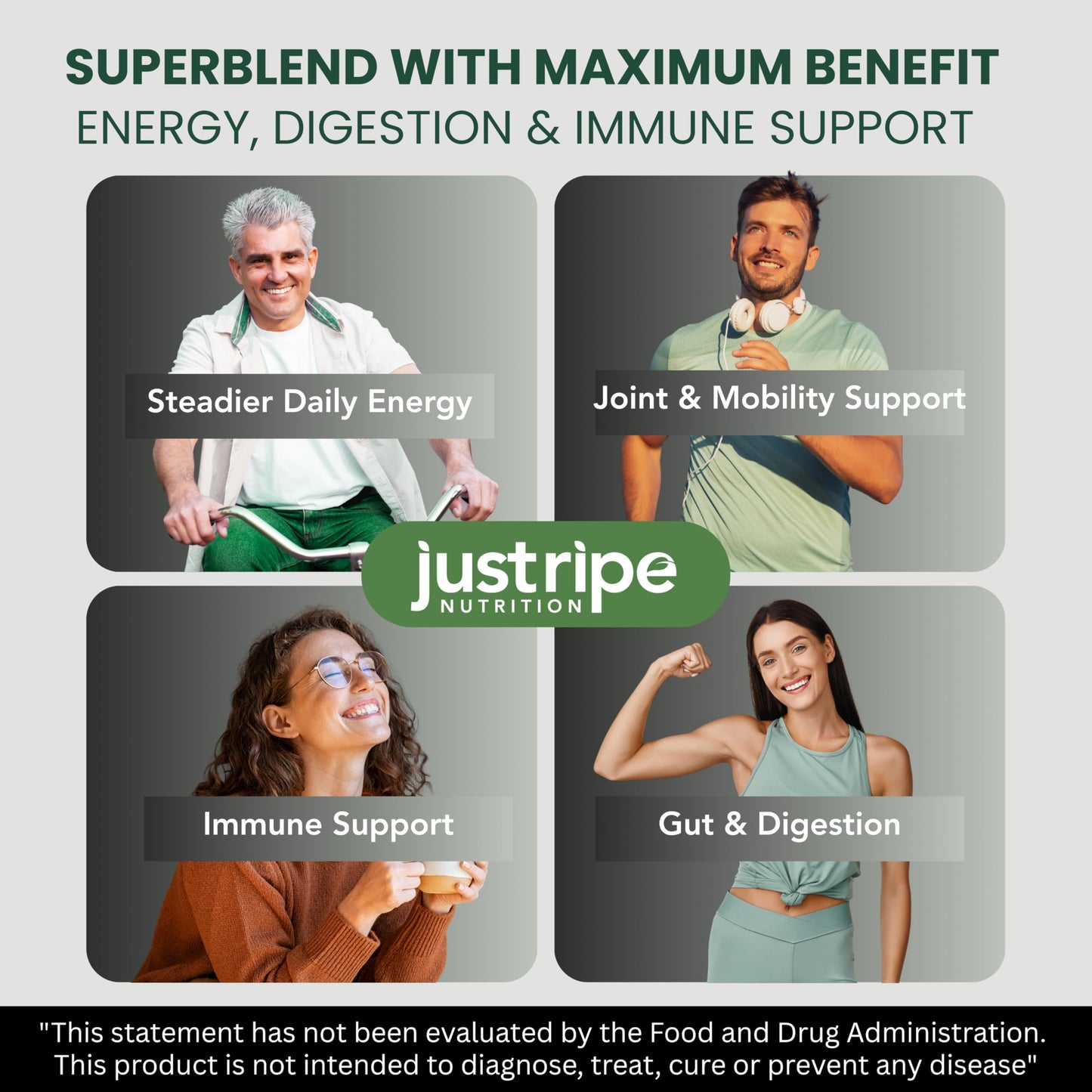Just Ripe Nutrition Field of Greens Powder with Organic Spirulina, Chlorella, Beet Root Powder, Bacillus Coagulans Probiotic, Plant-Based Immunity Support, Unflavored, 5.3 Ounce