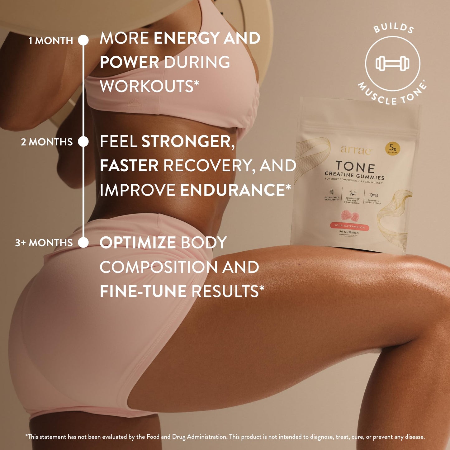 Arrae Tone Gummies Creatine Monohydrate 5g for Women, 90 Gummies