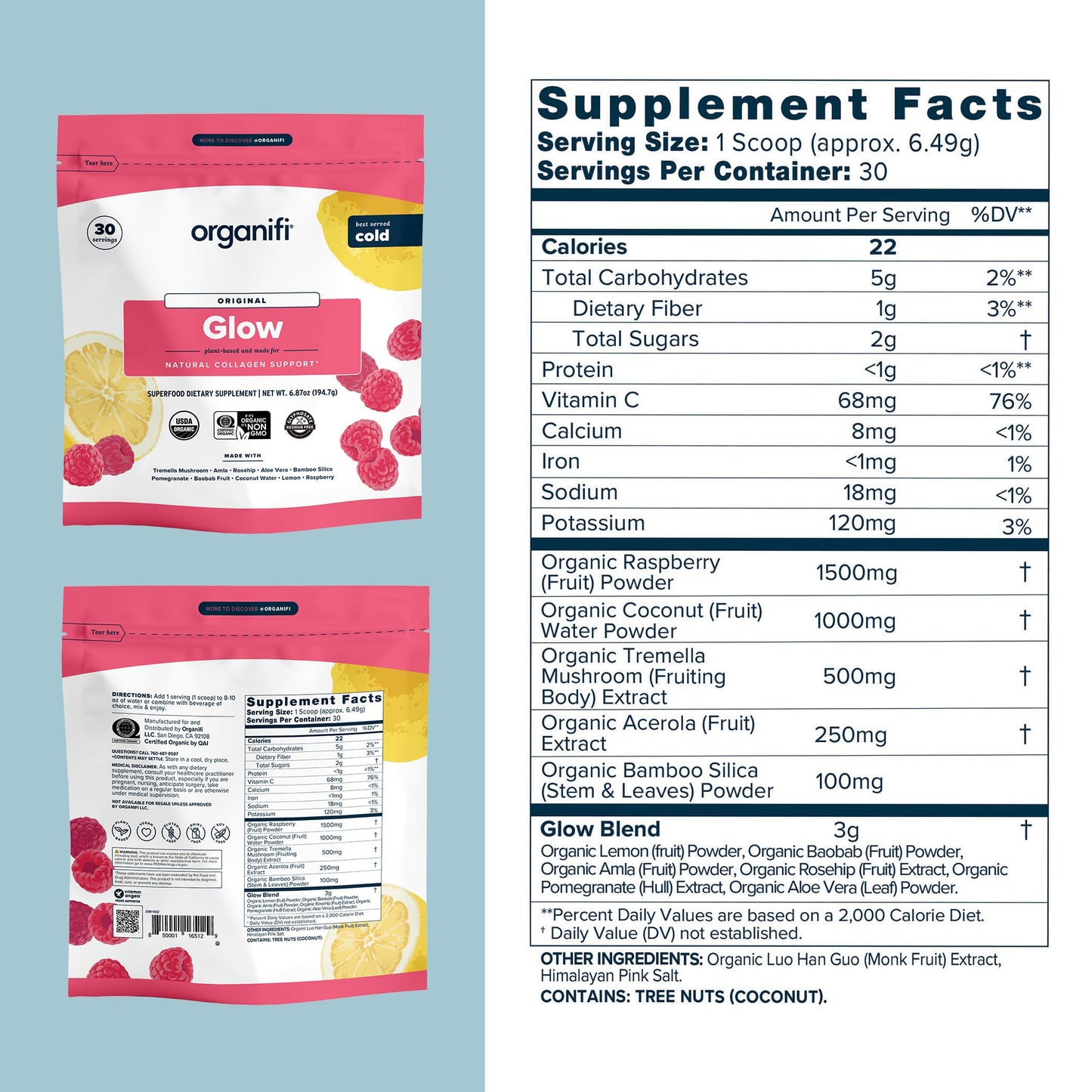 Organifi Glow Vegan Collagen Powder for Women - Organic Flavored Water Ingredient, 7.2 Ounce