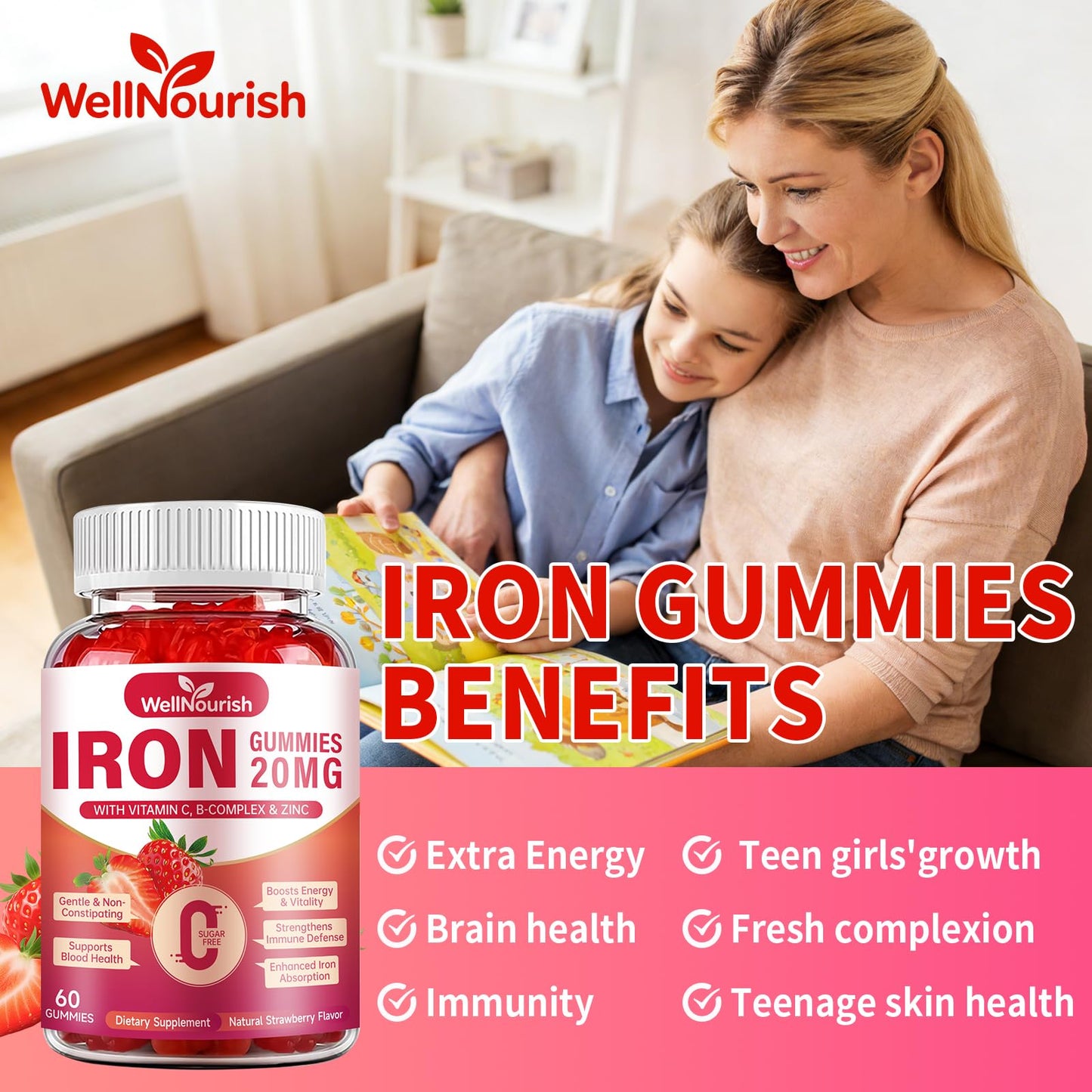 Wellnourish Iron Gummies for Women & Kids, Sugar Free with Vitamin C, 20 mg Gentle Iron, Strawberry, 120 Gummies