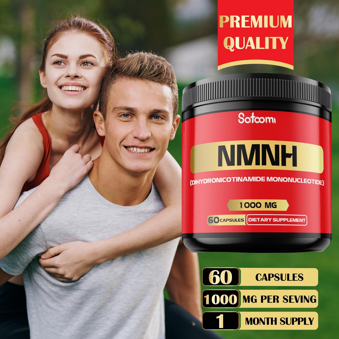 Satoomi NMNH (Dihydronicotinamide Mononucleotide) NMN Supplement Alternative - 1000mg per Serving NAD Support, 60 Capsules