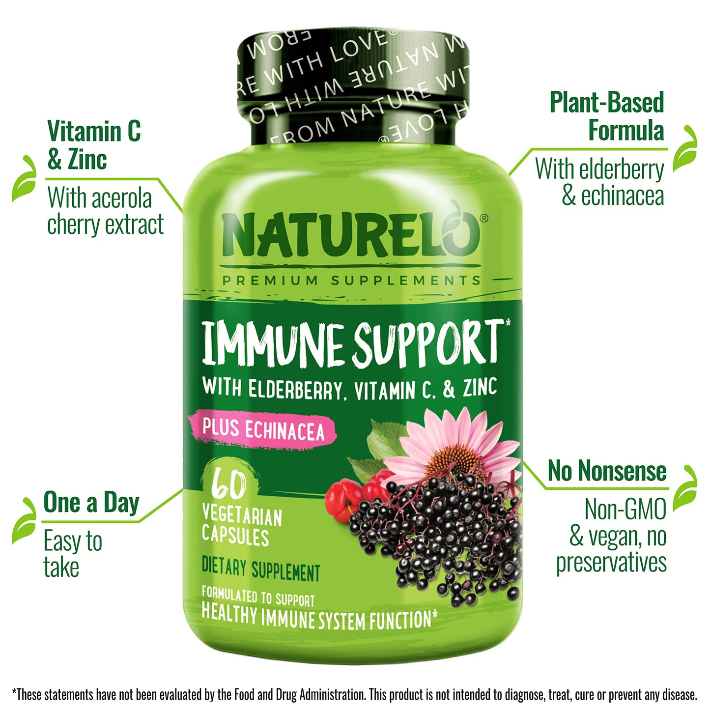 NATURELO Immune Support – Vitamin C, Elderberry, Zinc, Echinacea – Natural Immunity Boost w/Antioxidant, Herbal & Mineral Defense, 120 Capsules