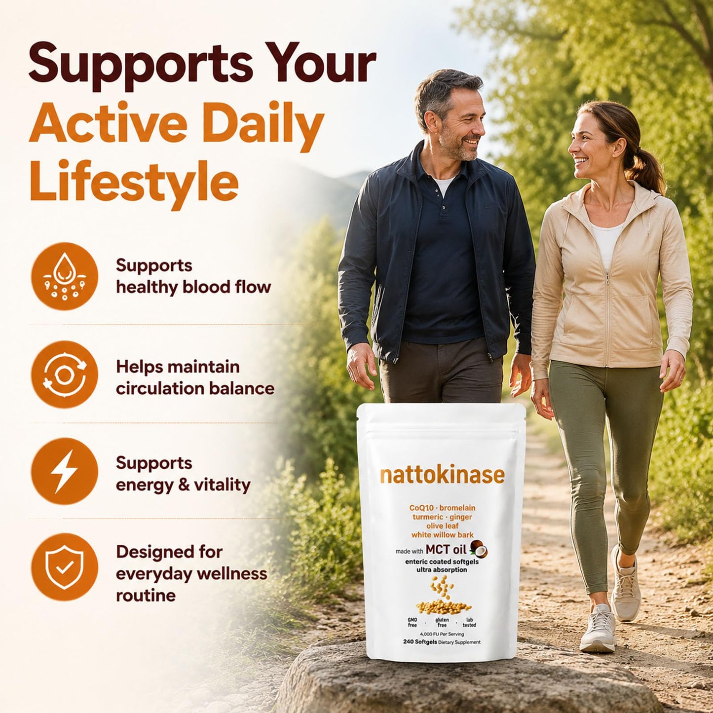 LumiLight Nattokinase 10,800 FU Daily Supplement – 7-in-1 Circulation Support Formula with CoQ10, Bromelain, Turmeric, Ginger, White Willow Bark Enteric Coated Softgels, 240 Softgels