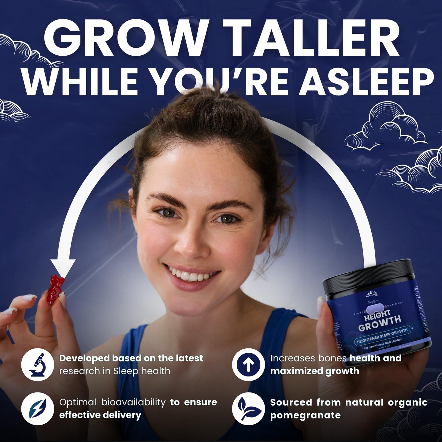 PURE HEALTH MAX Heightener Height Growth Sleep Gummies - Vitamins to Grow Taller for True Height Potential, Natural Height Booster Increase Supplement for Kids and Adults | Calcium & Melatonin Multivitamin, 60 Gummies