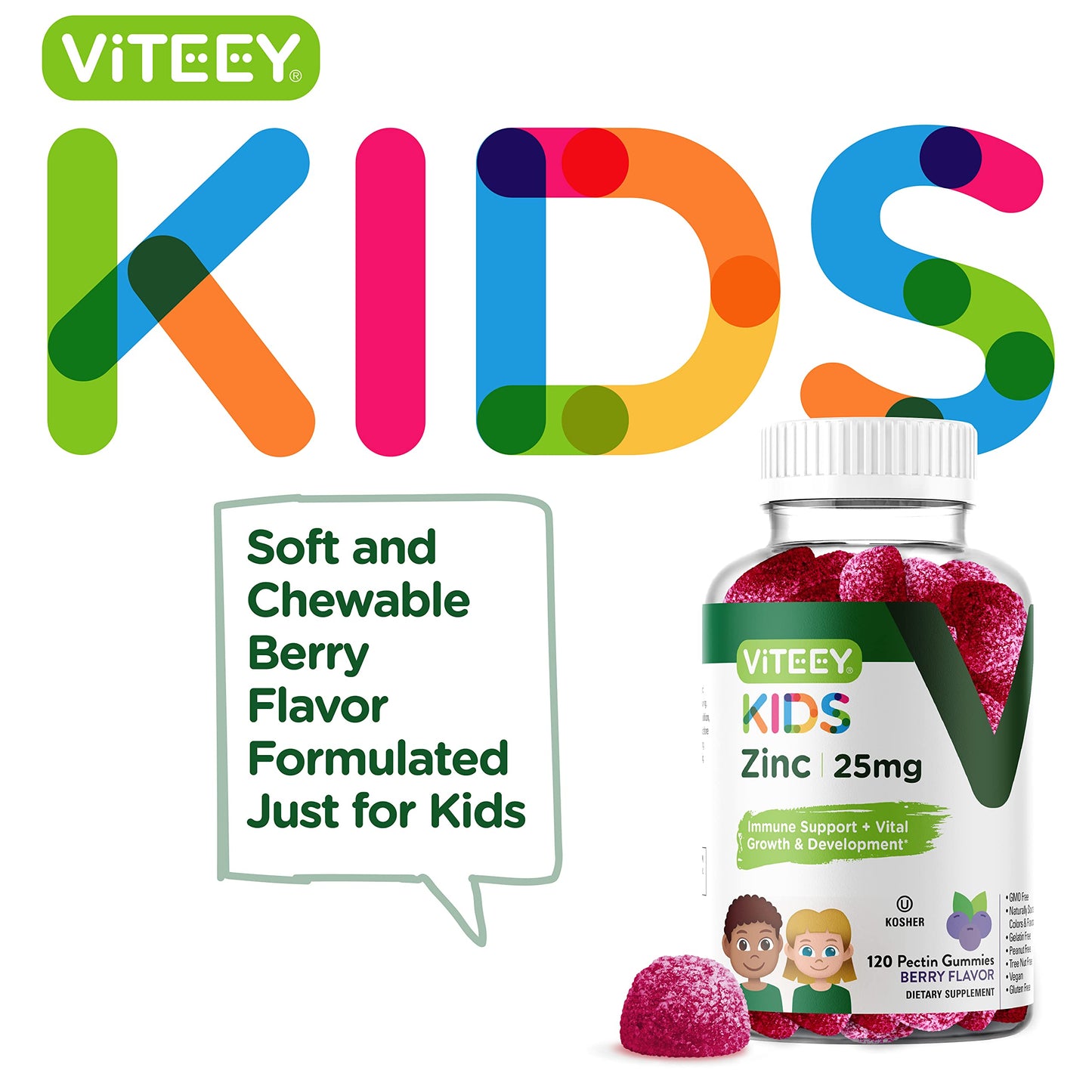 Viteey Zinc for Kids 25mg Gummy, 120 Count