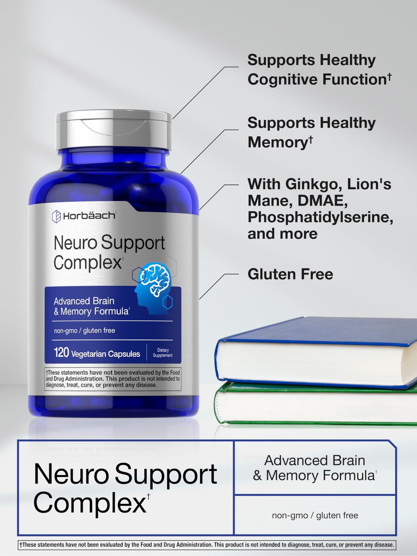 Horbäach Brain Supplement Capsules, 120 Count, with Phosphatidylserine & DMAE, Advanced Formula for Memory, Focus, Clarity, Vegetarian & Gluten Free, Neuro Support