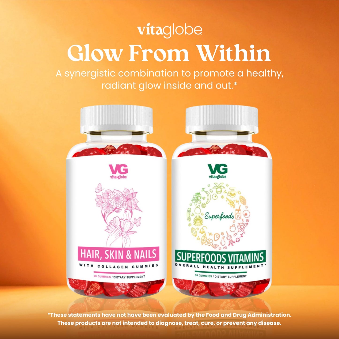 VITA GLOBE Hair, Skin & Nails + Collagen Gummies – 20mg with Vitamins A, C, D, E, B6 & Biotin, Beauty & Wellness Supplement for Healthy Hair Growth, Radiant Skin & Strong Nails, 60 Count