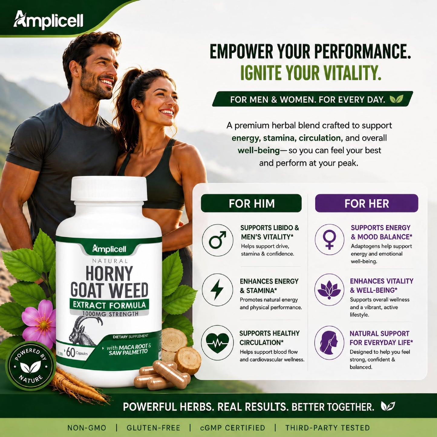 Amplicell Horny Goat Weed Complex Supplement for Men & Women Energy Capsule, 60 Count