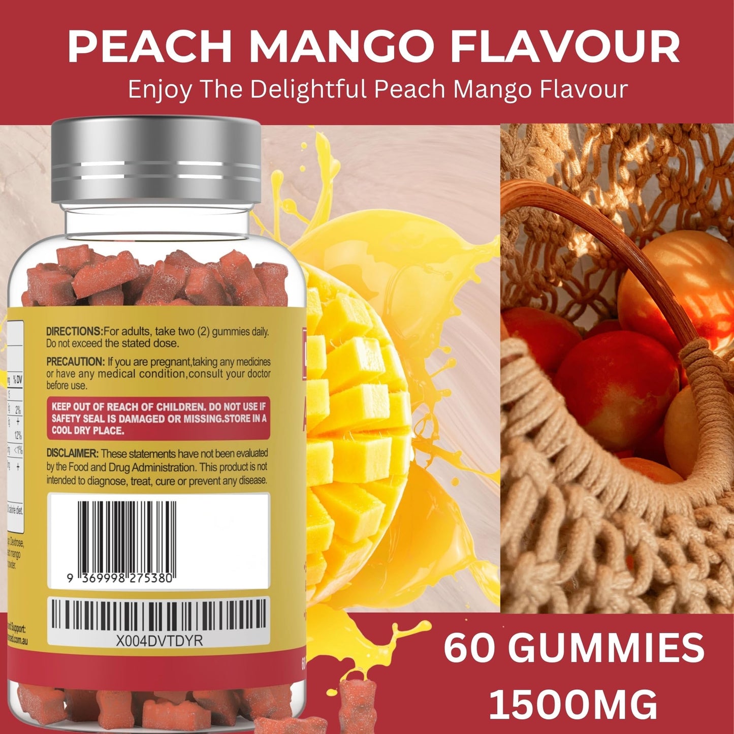 Lifehanced Ashwagandha Gummies 1500mg, 3% Withanolides, Peach Mango Flavor, 60 Count