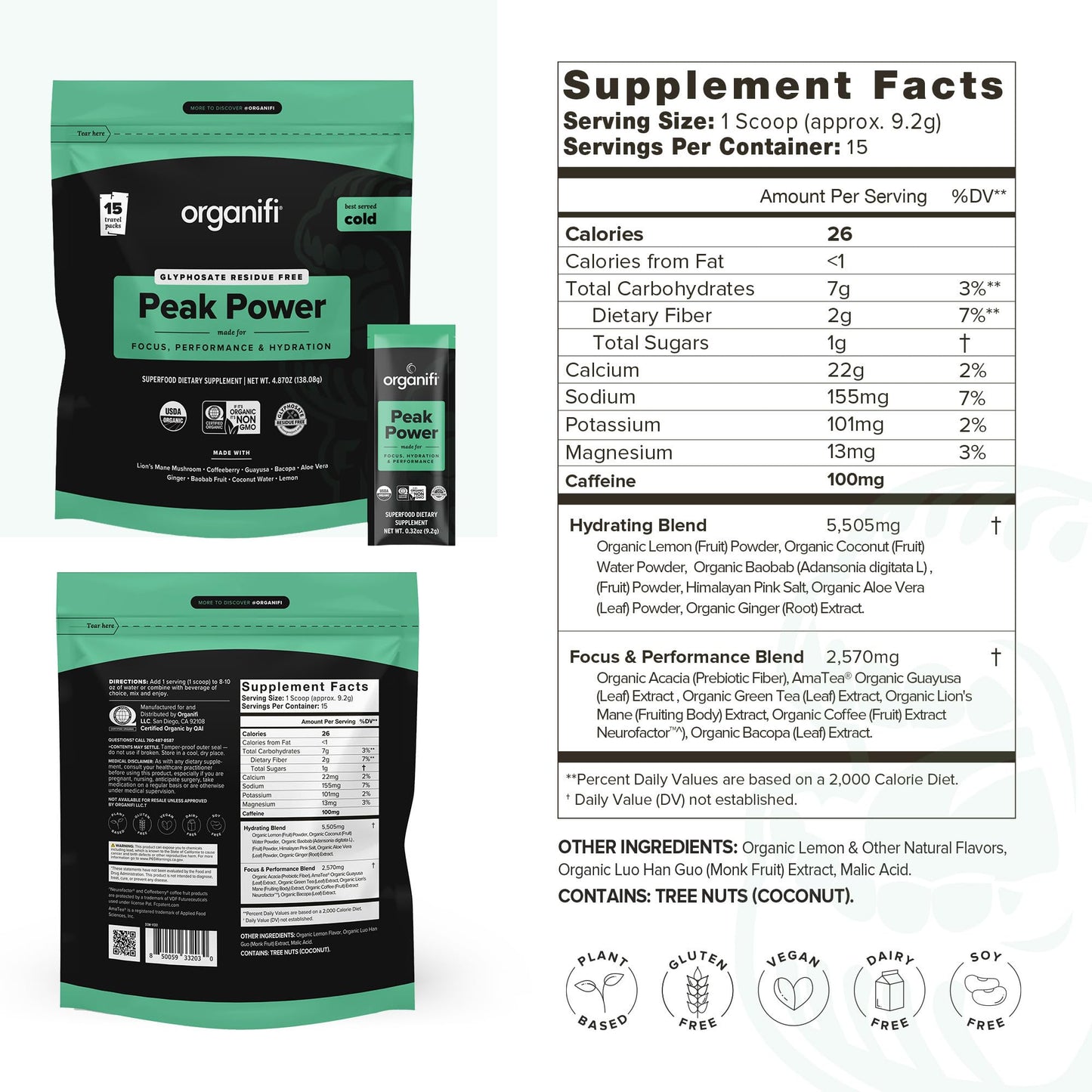 Organifi Peak Power Pre Workout Powder to Support Hydration with Lion's Mane and Guayusa, 6.49 Ounce