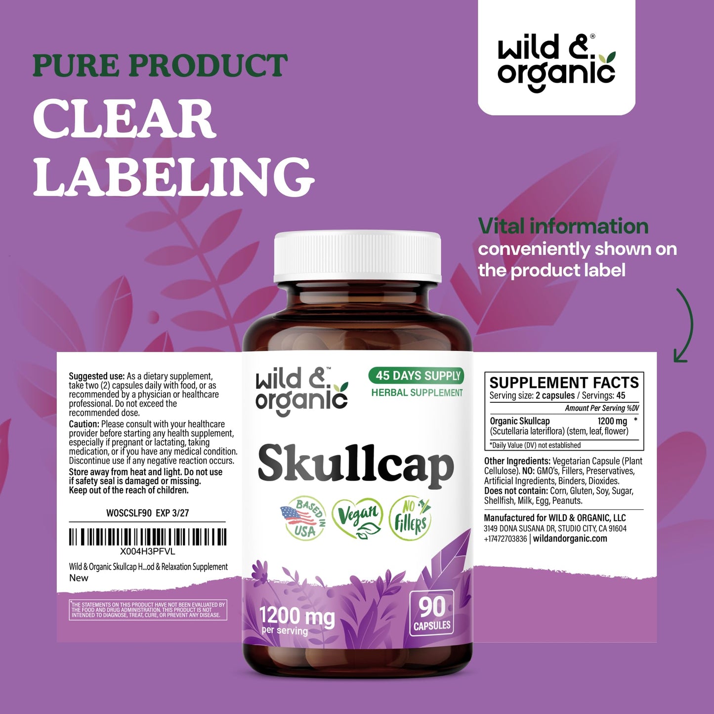 Wild & Organic Skullcap Capsule 1200 mg, 90 Count