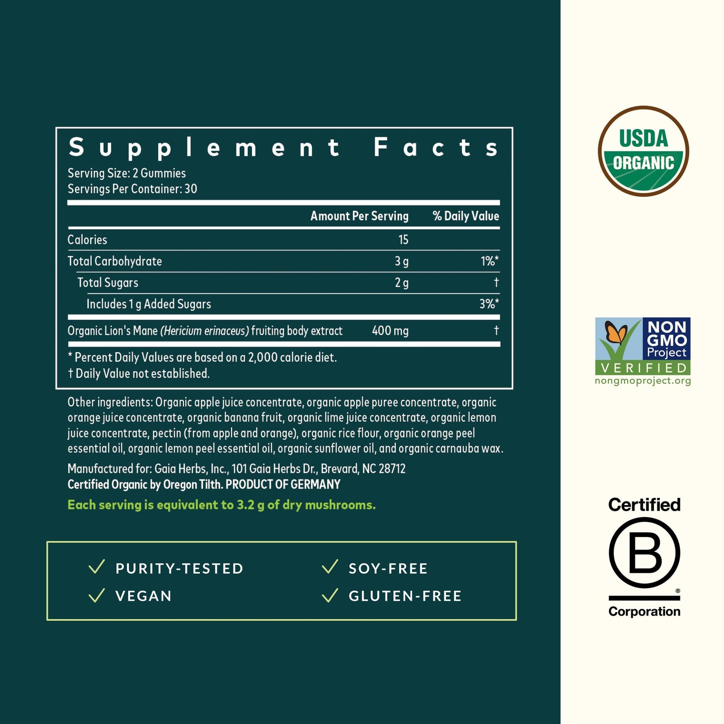 Gaia Herbs Lion's Mane Mushroom Gummies Brain Support, 60 Gummies