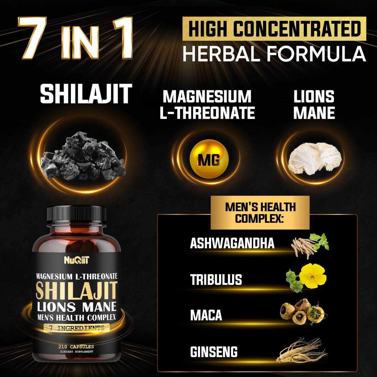 NUQIIT Magnesium with Lions Mane, Shilajit Capsules, Male's Health Complex with Ashwagandha & Maca Root, 210 Capsules