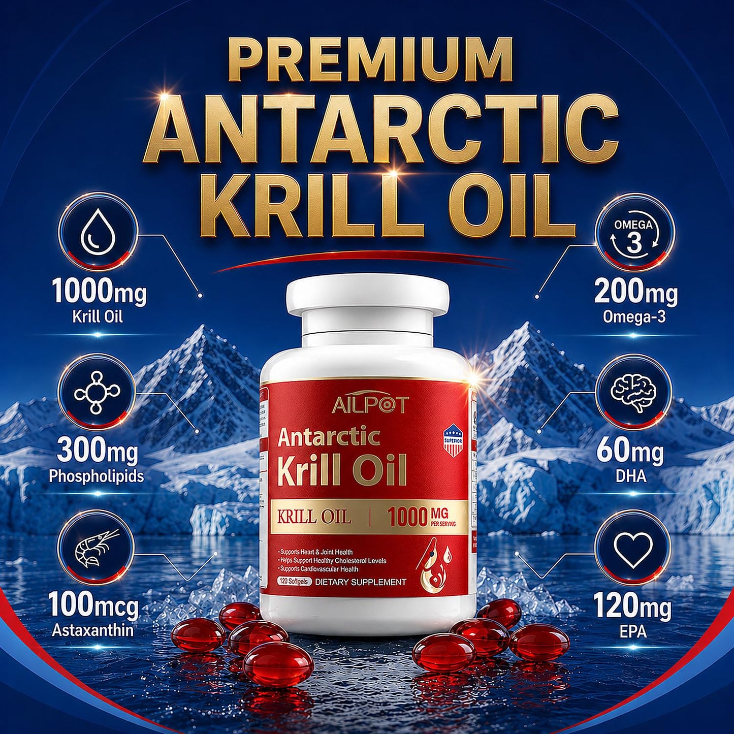 AILPOT Antarctic Krill Oil 1000mg Omega-3 EPA DHA Softgels 120