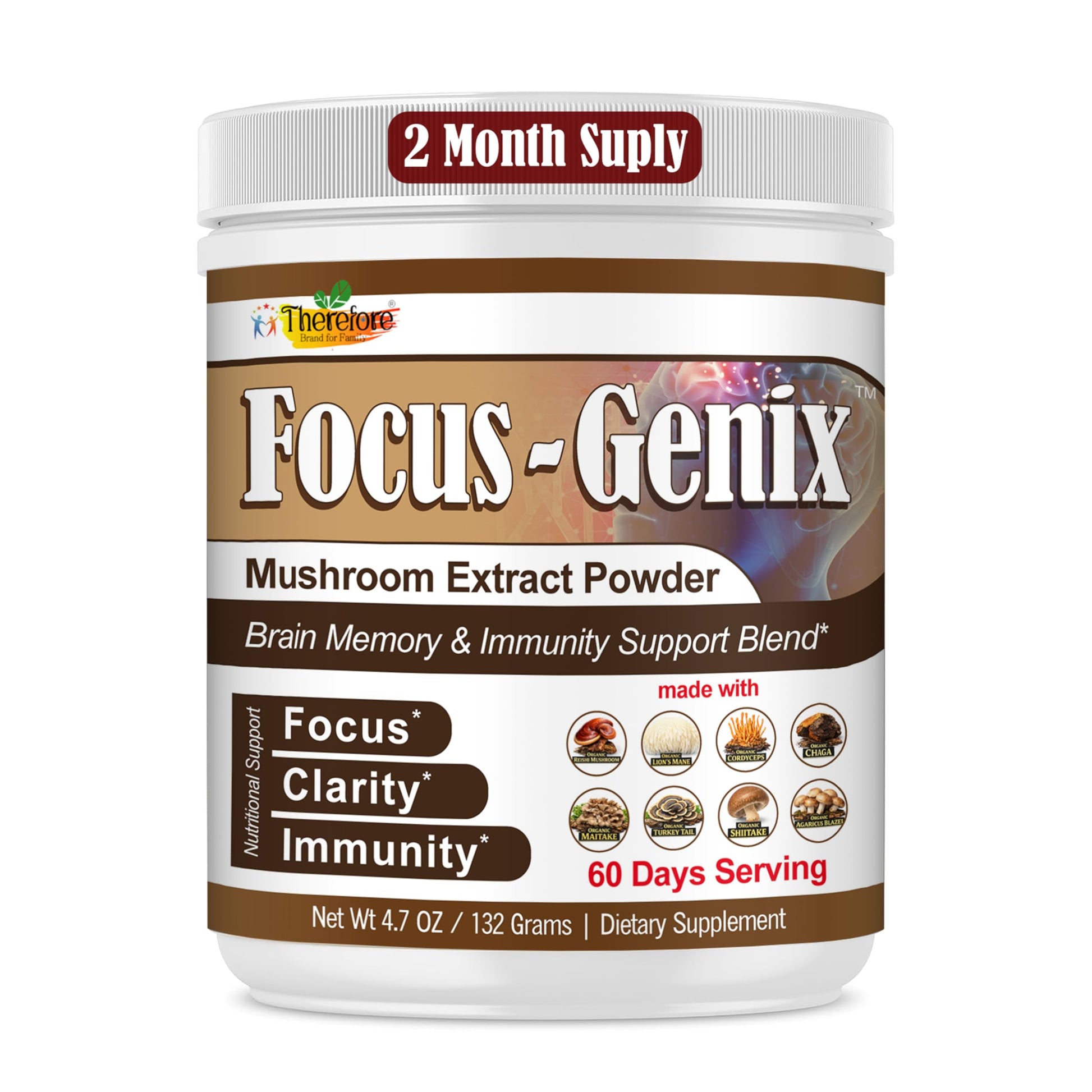 Therefore Lion’s Mane Mushroom Powder Supplement – 10 Mushroom Complex with Reishi, Chaga, Cordyceps & Turkey Tail – Vegan Non-GMO, 4.7 Ounce