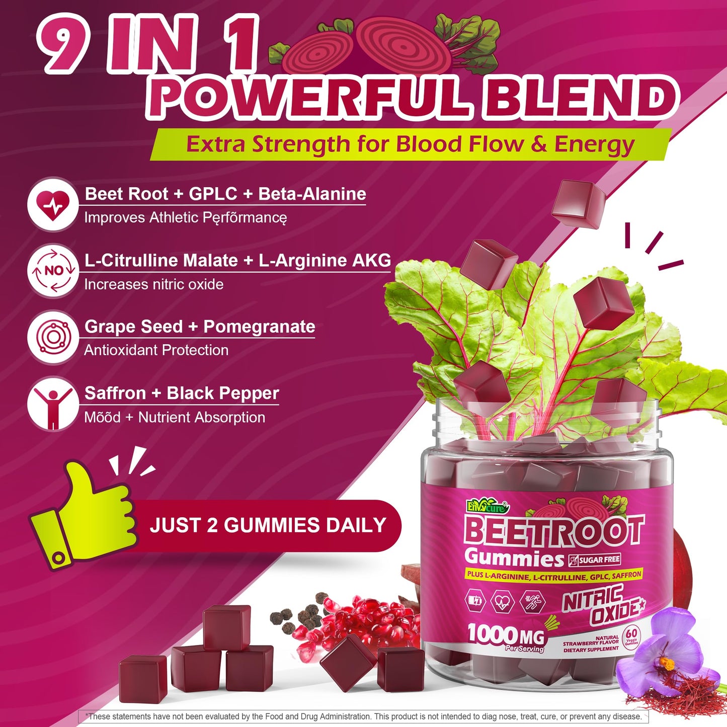 EnvyCure Beet Root Gummies with L-Citrulline & L-Arginine for Nitric Oxide Support, Sugar Free, Vegan, 120 Gummies
